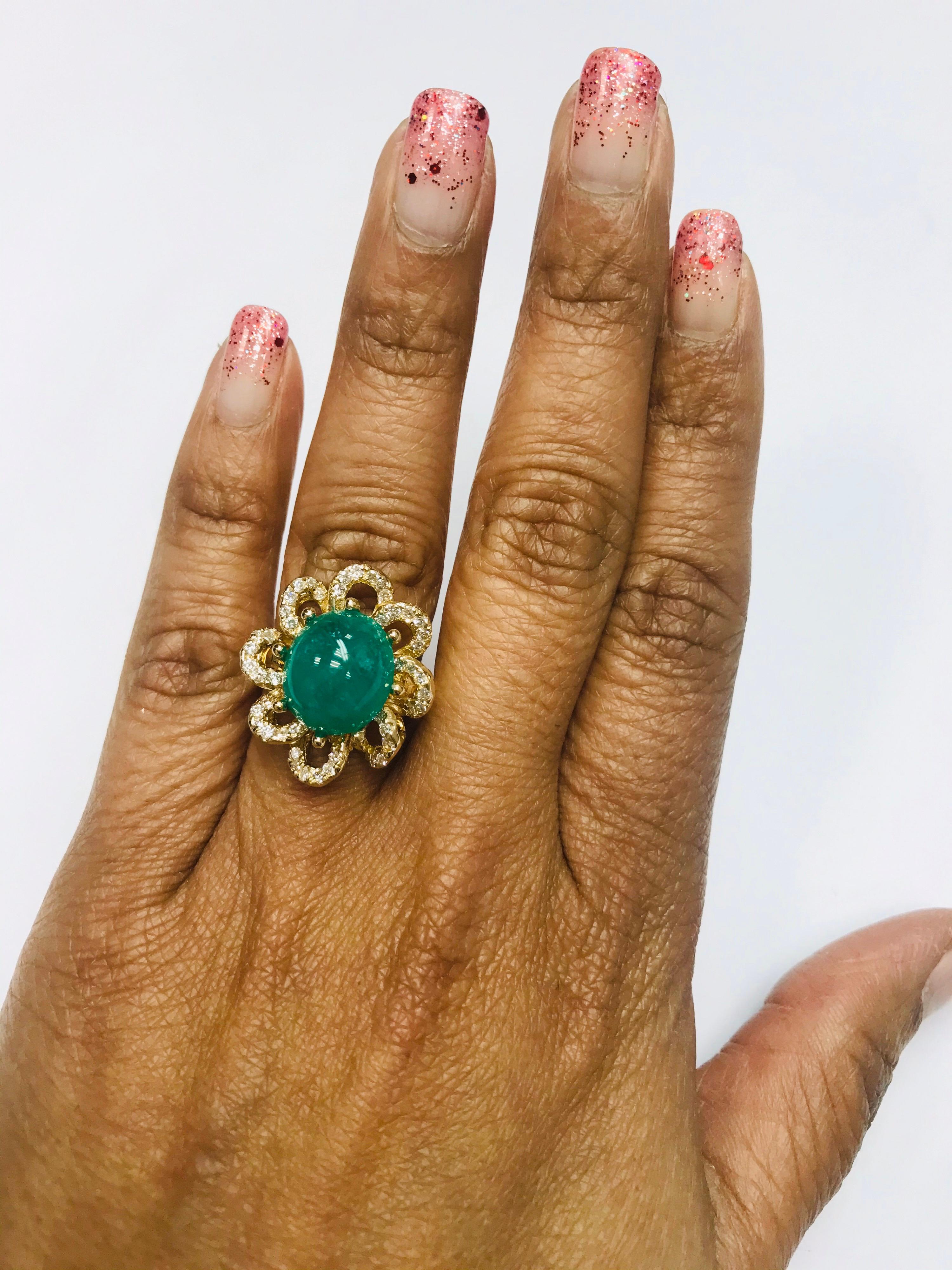 6.24 Carat Cabochon Emerald Diamond Yellow Gold Cocktail Ring For Sale 1