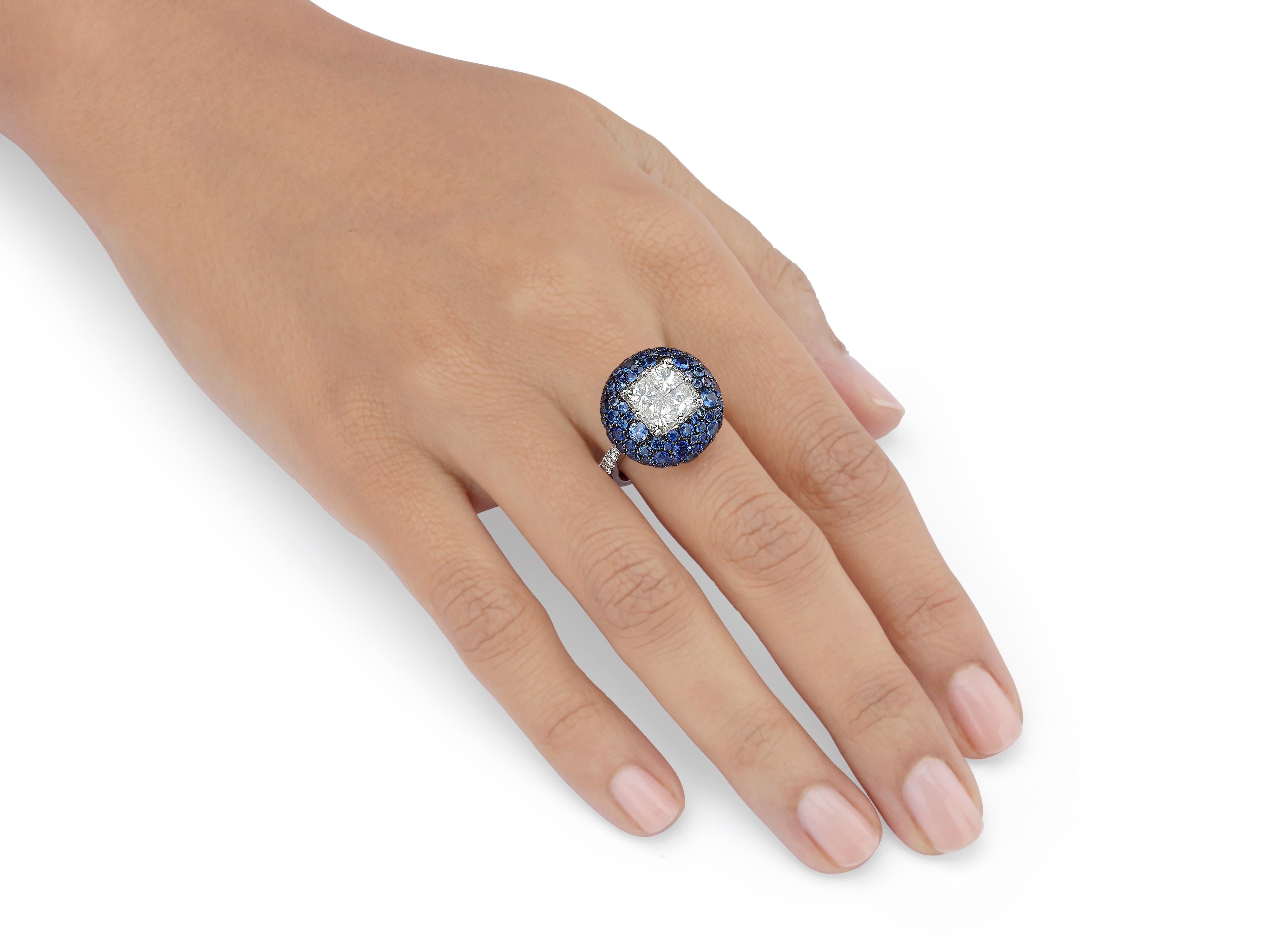 Contemporary 6.24 Carat Illusion Set White Diamond and Sapphire 18 Karat White Gold Ring For Sale