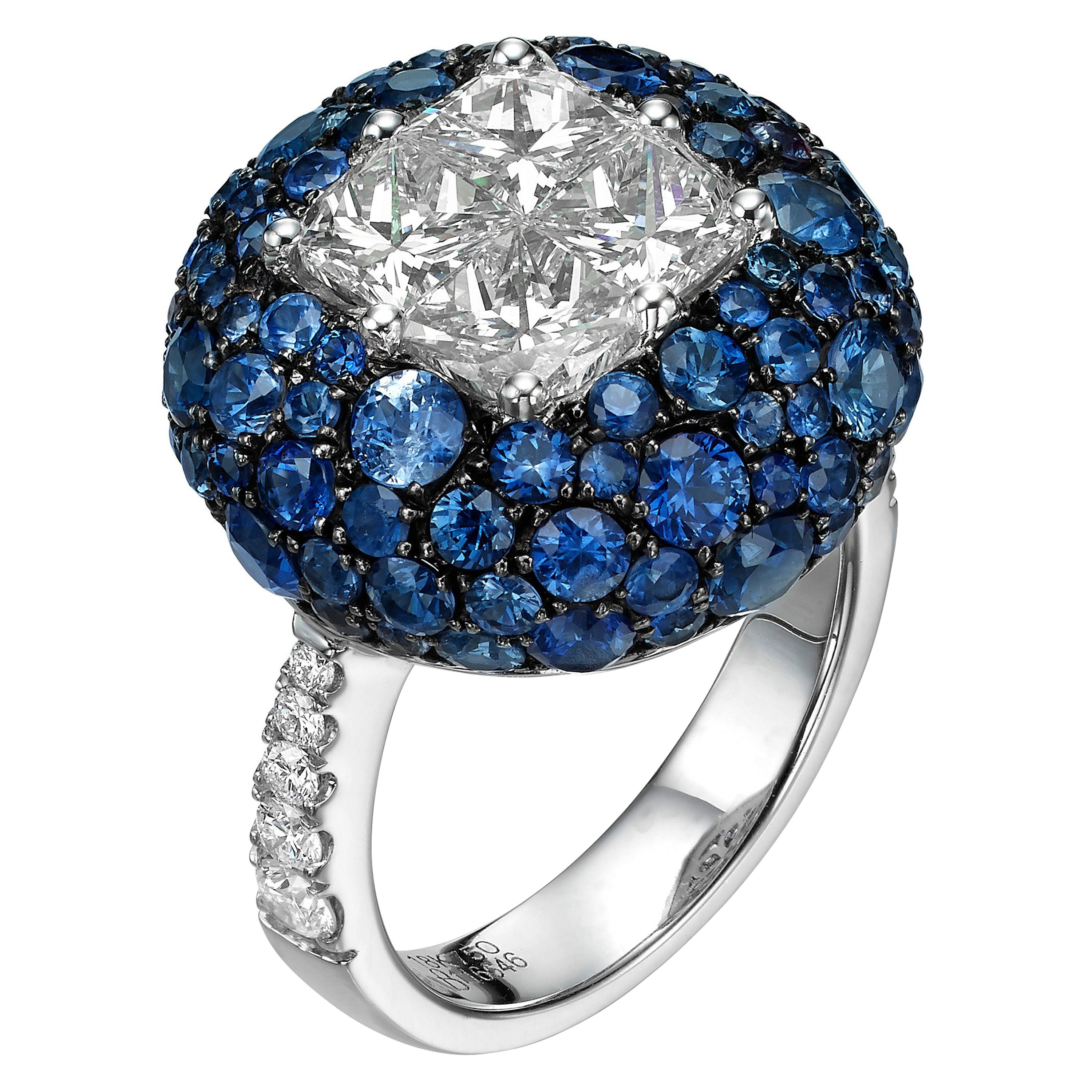 6.24 Carat Illusion Set White Diamond and Sapphire 18 Karat White Gold Ring For Sale