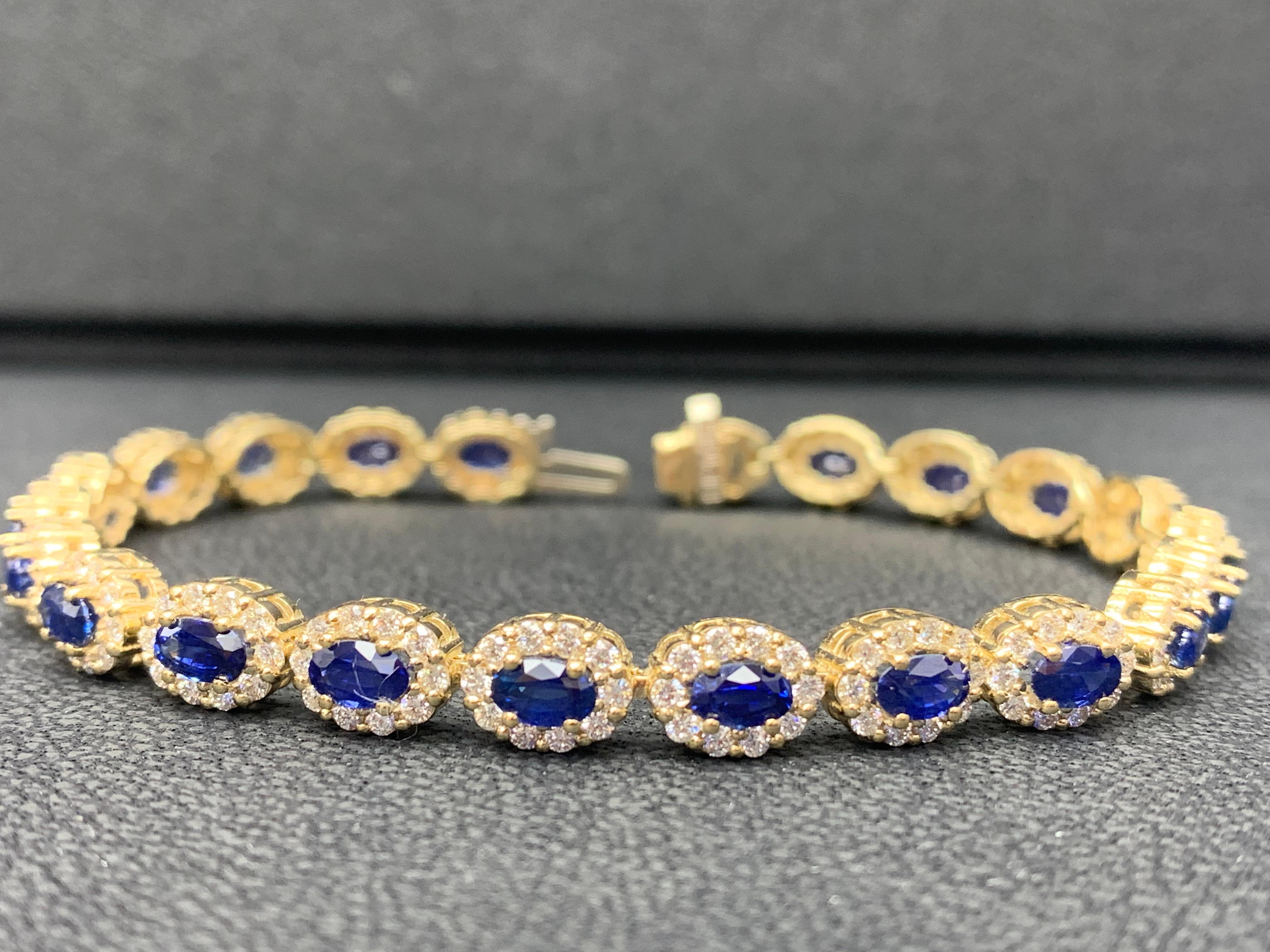 6.24 Carat Oval Cut Blue Sapphire and Diamond Halo Bracelet in 14K Yellow Gold For Sale 5