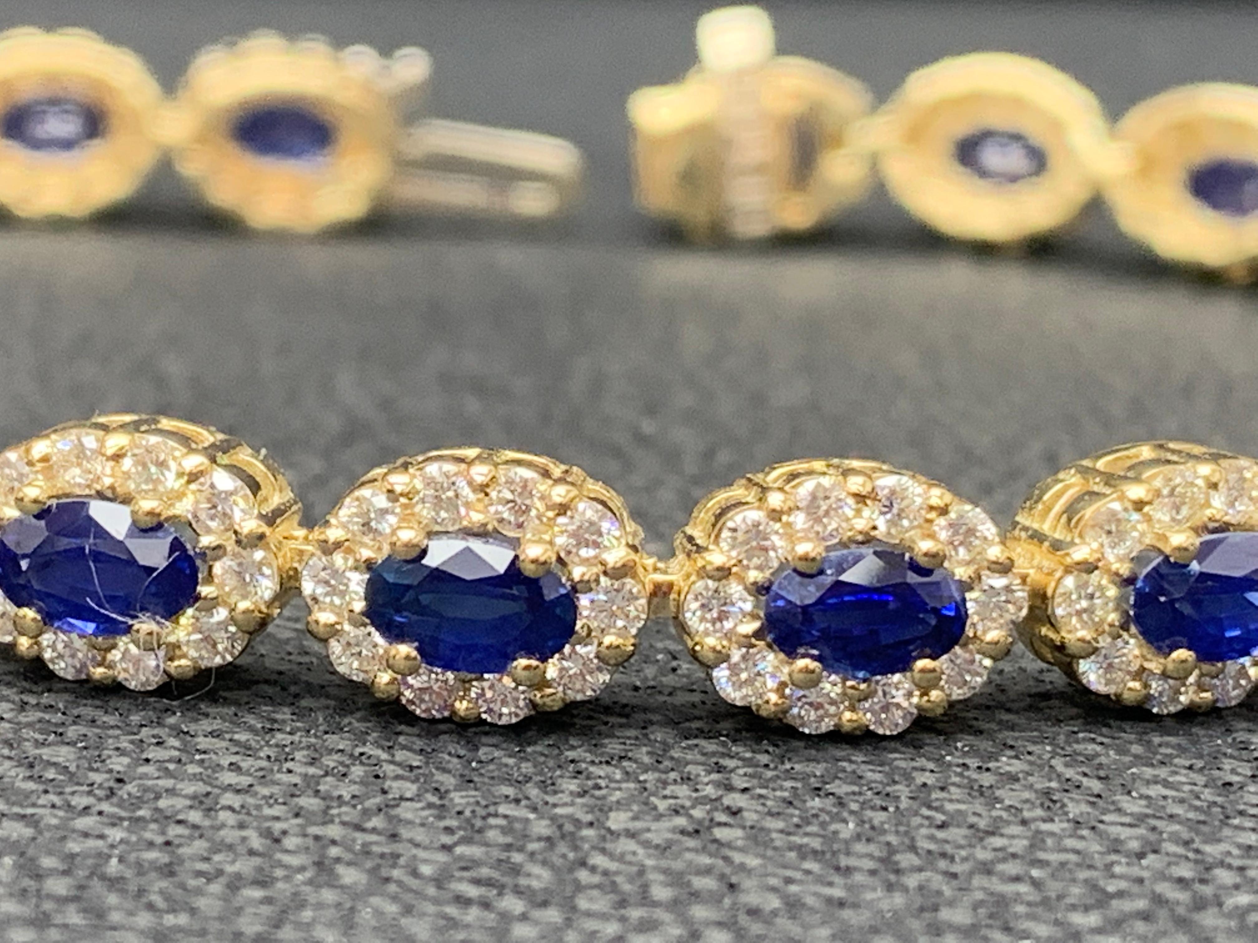 6.24 Carat Oval Cut Blue Sapphire and Diamond Halo Bracelet in 14K Yellow Gold For Sale 7