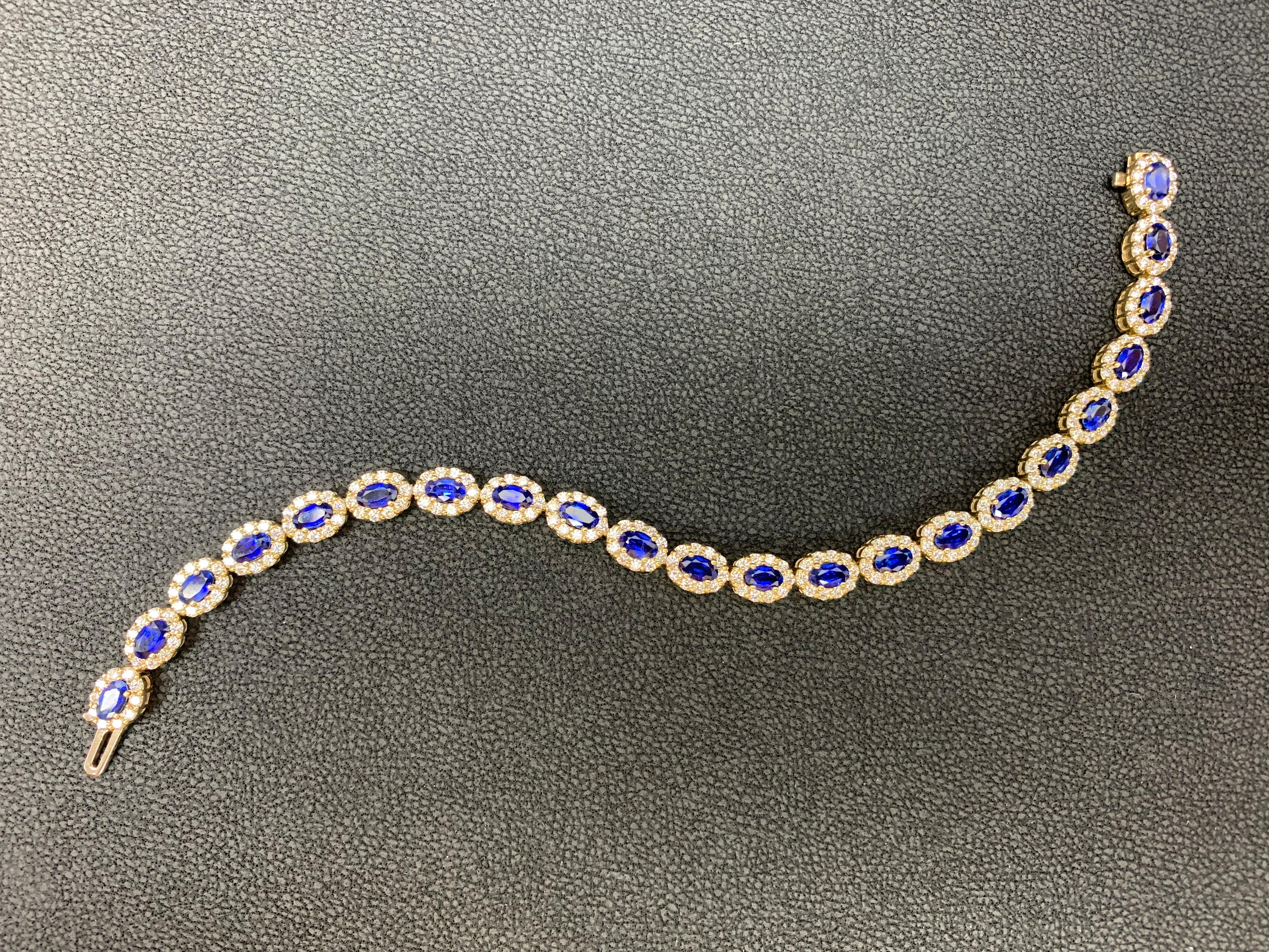 6.24 Carat Oval Cut Blue Sapphire and Diamond Halo Bracelet in 14K Yellow Gold For Sale 8