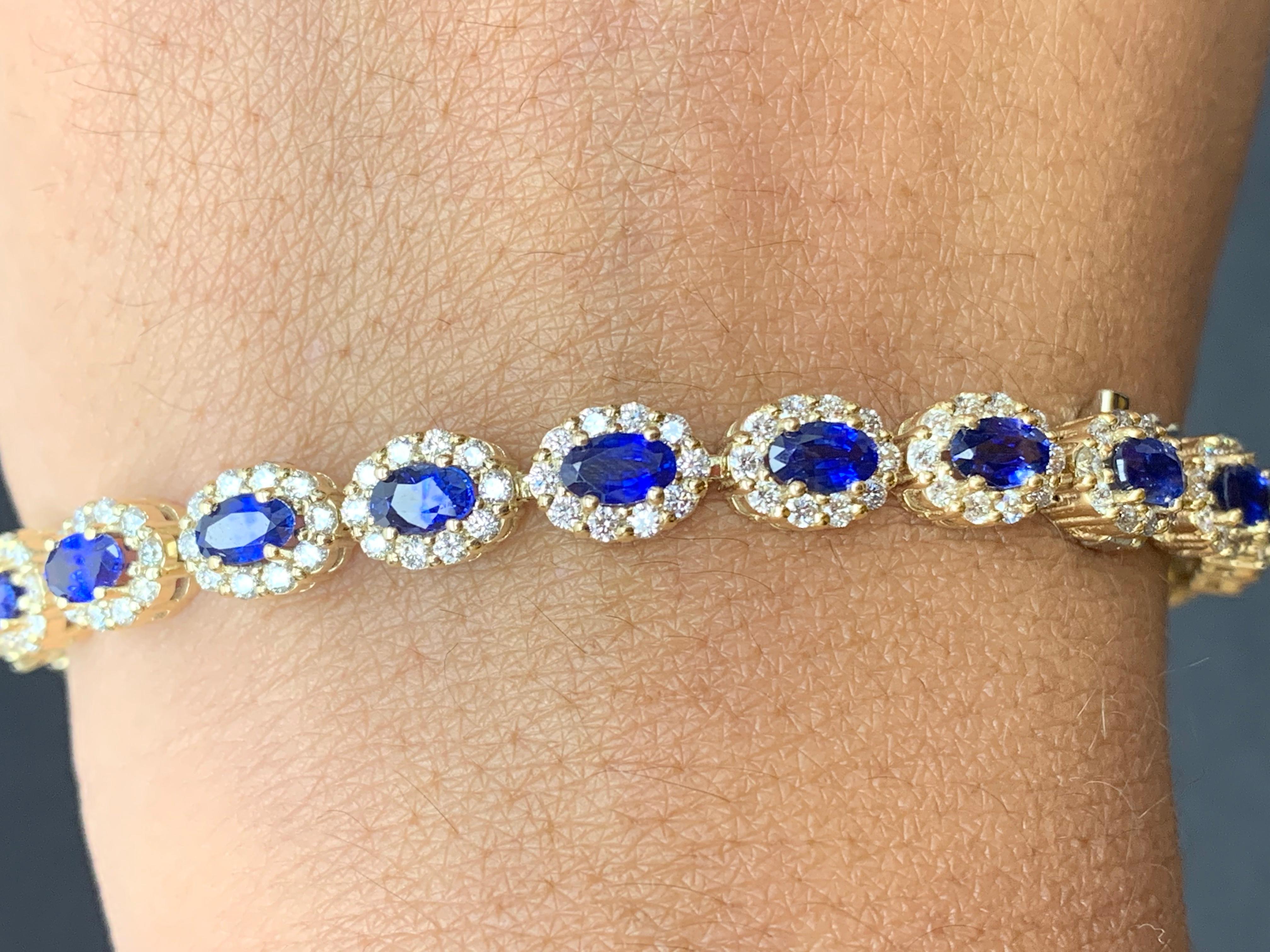 A beautiful Blue Sapphire and diamond bracelet showcasing color-rich blue sapphires, surrounded by a single row of brilliant round diamonds. 22 Oval cut blue sapphires weigh 6.24 carats total; 220 accent diamonds weigh 2.99 carats total.

Style