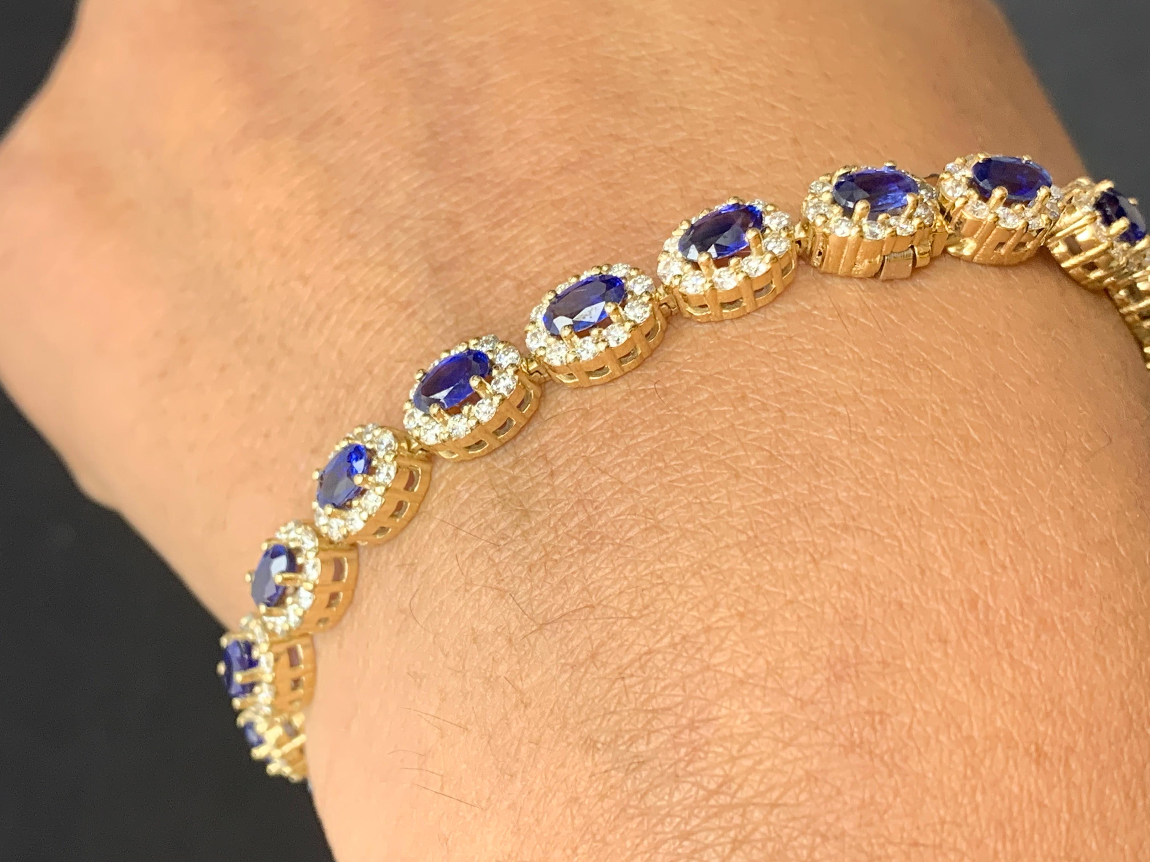 Women's 6.24 Carat Oval Cut Blue Sapphire and Diamond Halo Bracelet in 14K Yellow Gold For Sale