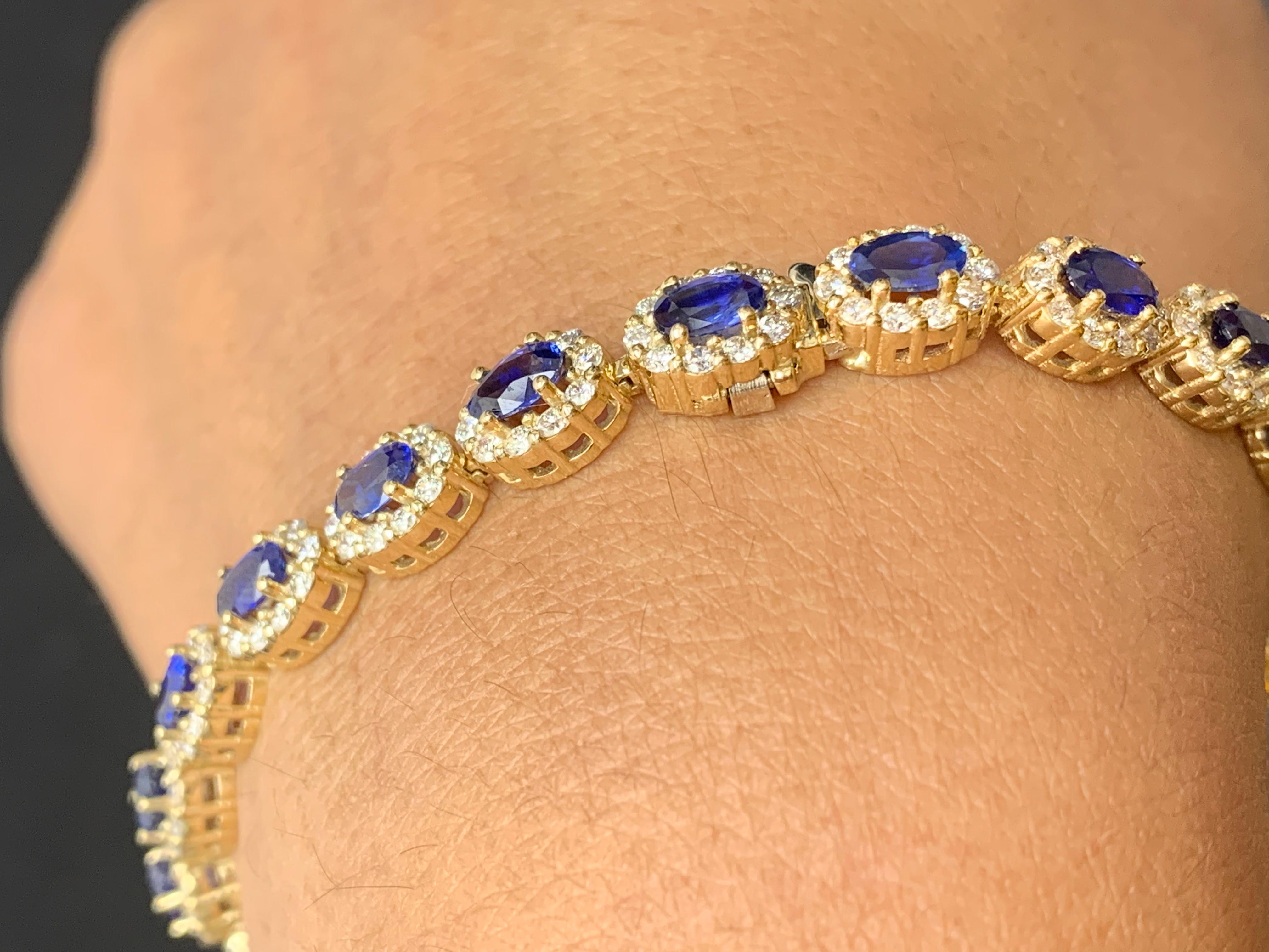 6.24 Carat Oval Cut Blue Sapphire and Diamond Halo Bracelet in 14K Yellow Gold For Sale 1