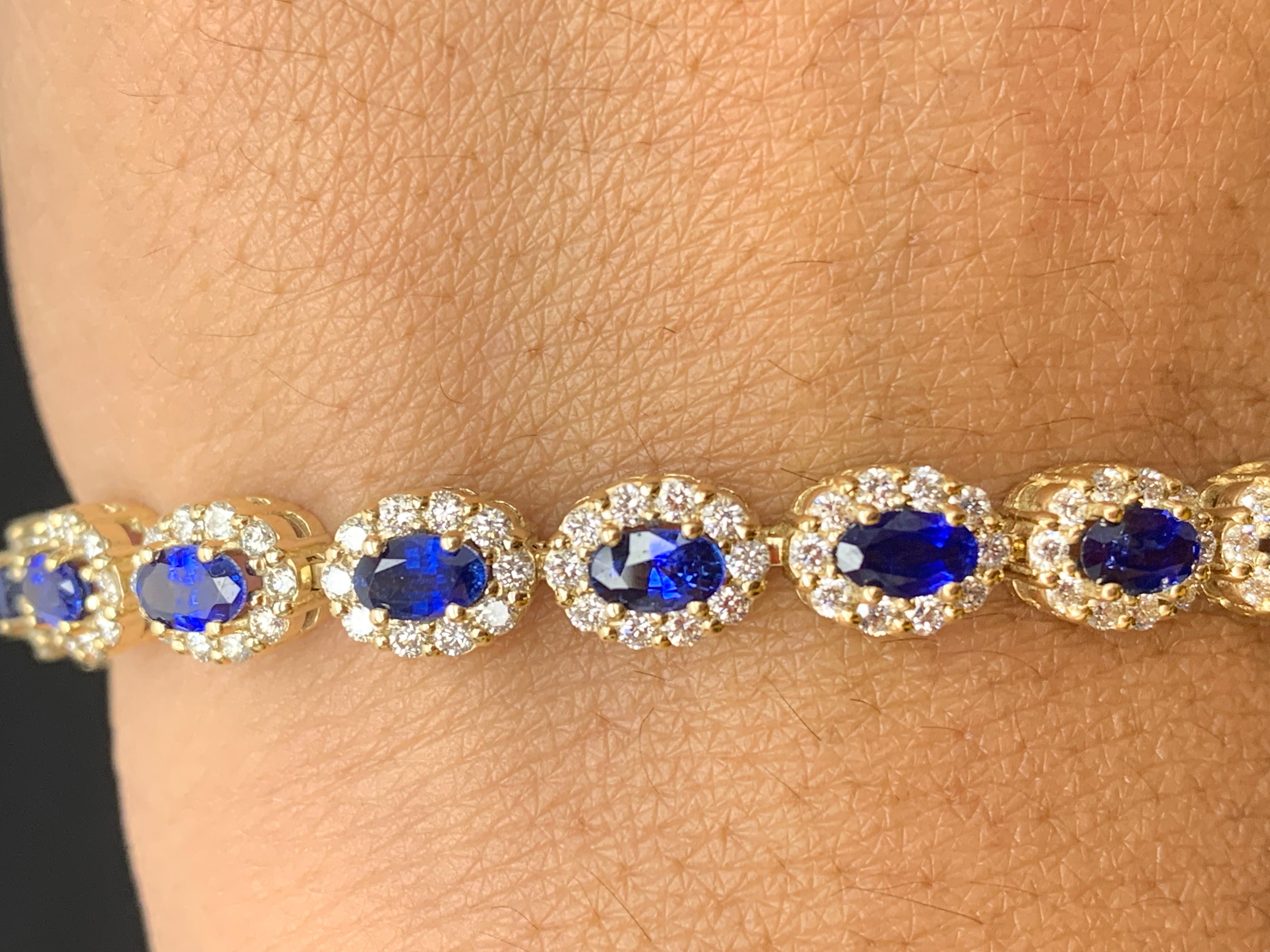 6.24 Carat Oval Cut Blue Sapphire and Diamond Halo Bracelet in 14K Yellow Gold For Sale 2