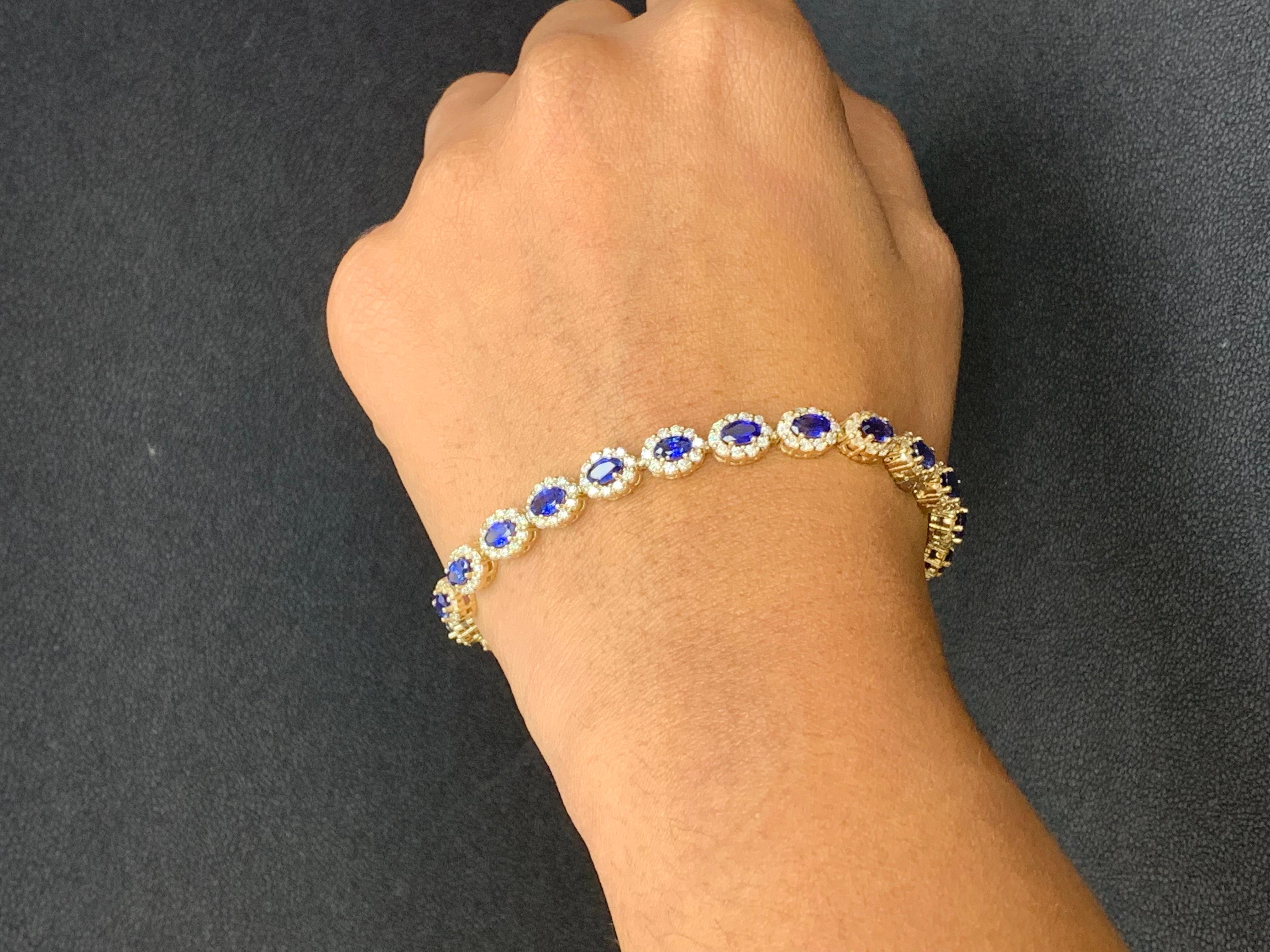 6.24 Carat Oval Cut Blue Sapphire and Diamond Halo Bracelet in 14K Yellow Gold For Sale 3
