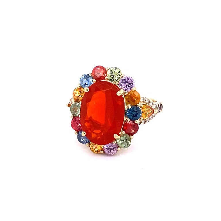 Contemporary 6.24 Carat Natural Fire Opal Sapphire Diamond Yellow Gold Cocktail Ring For Sale