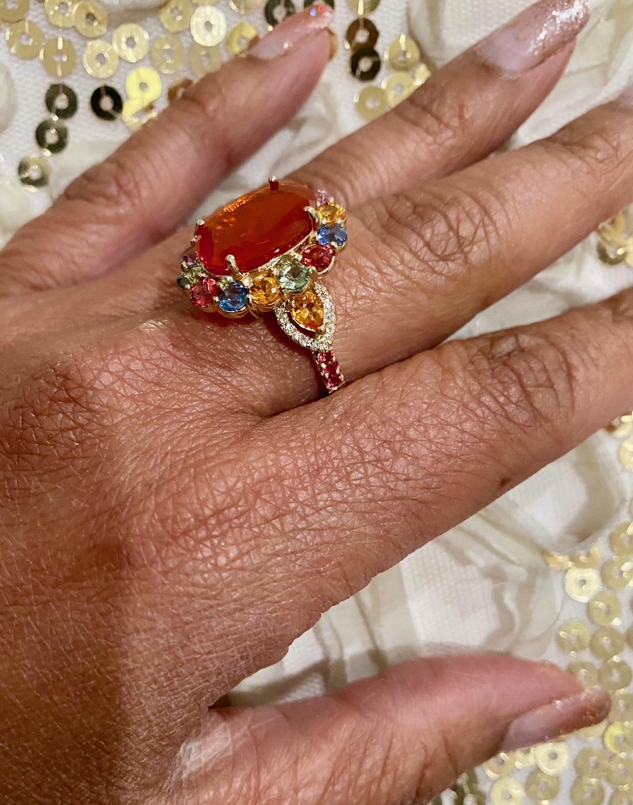 Contemporary 6.24 Carat Natural Fire Opal Sapphire Diamond Yellow Gold Cocktail Ring