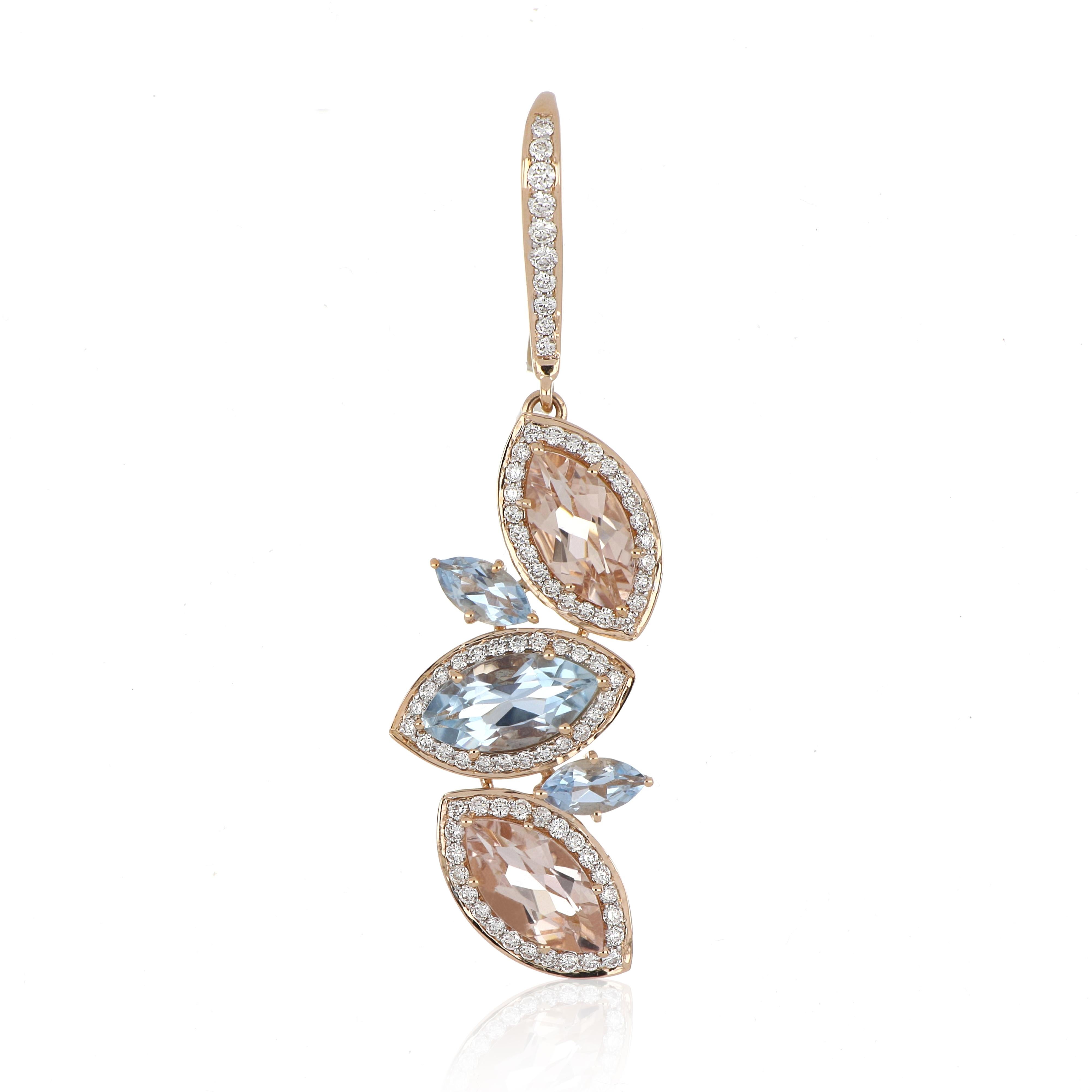 Marquise Cut 6.24 Carat Total Morganite and Aquamarine Earring with Diamonds in 18 Karat Gold For Sale