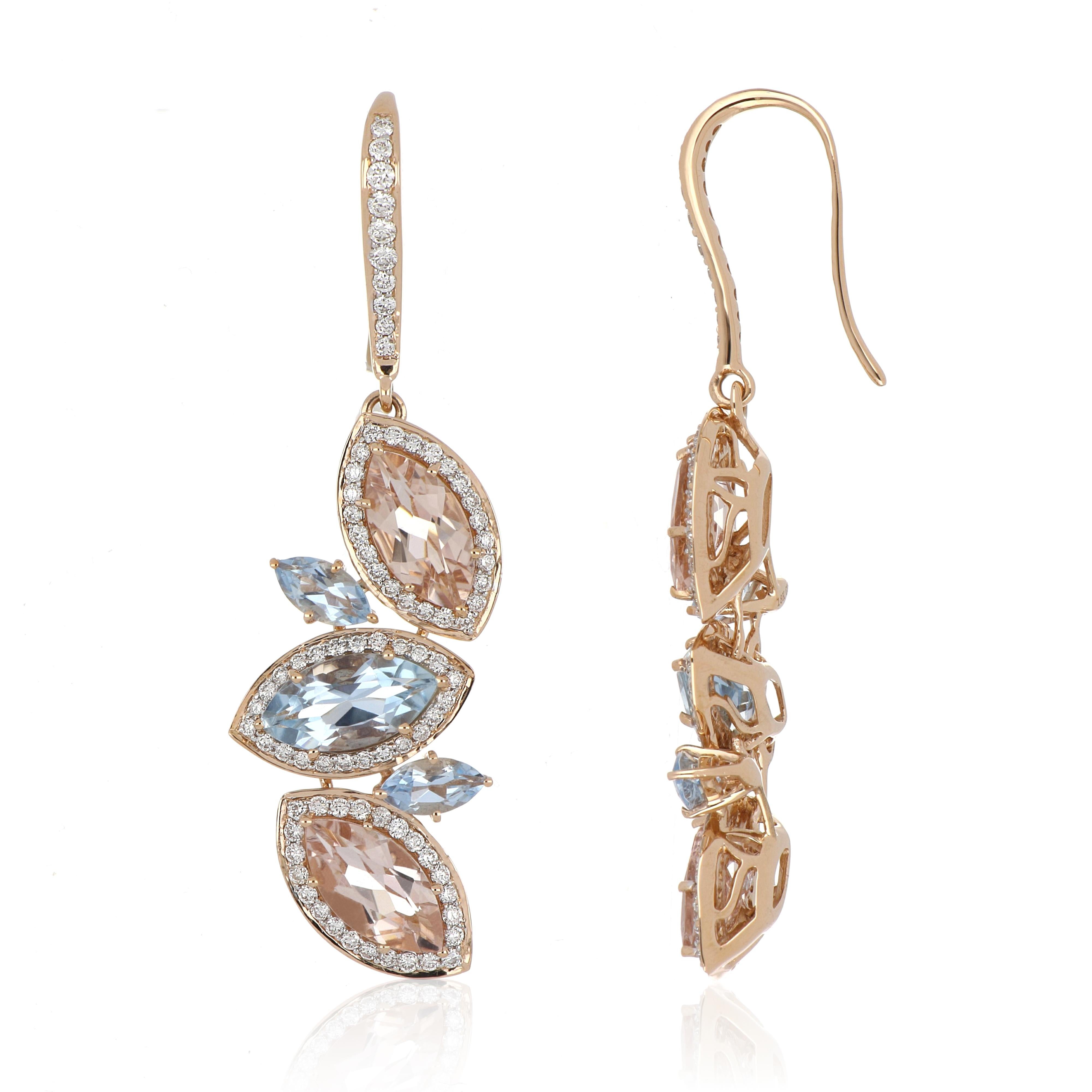 Elegant and Exquisitely detailed Dangling Gold Earrings, set with 2.66 Ct (total ) Aquamarine, 3.58 Cts (total)  Morganite, accented with Marquise Diamonds, weighing approx. 1.08 Cts. total carat weight.  Beautifully Hand crafted in 18 Karat Rose