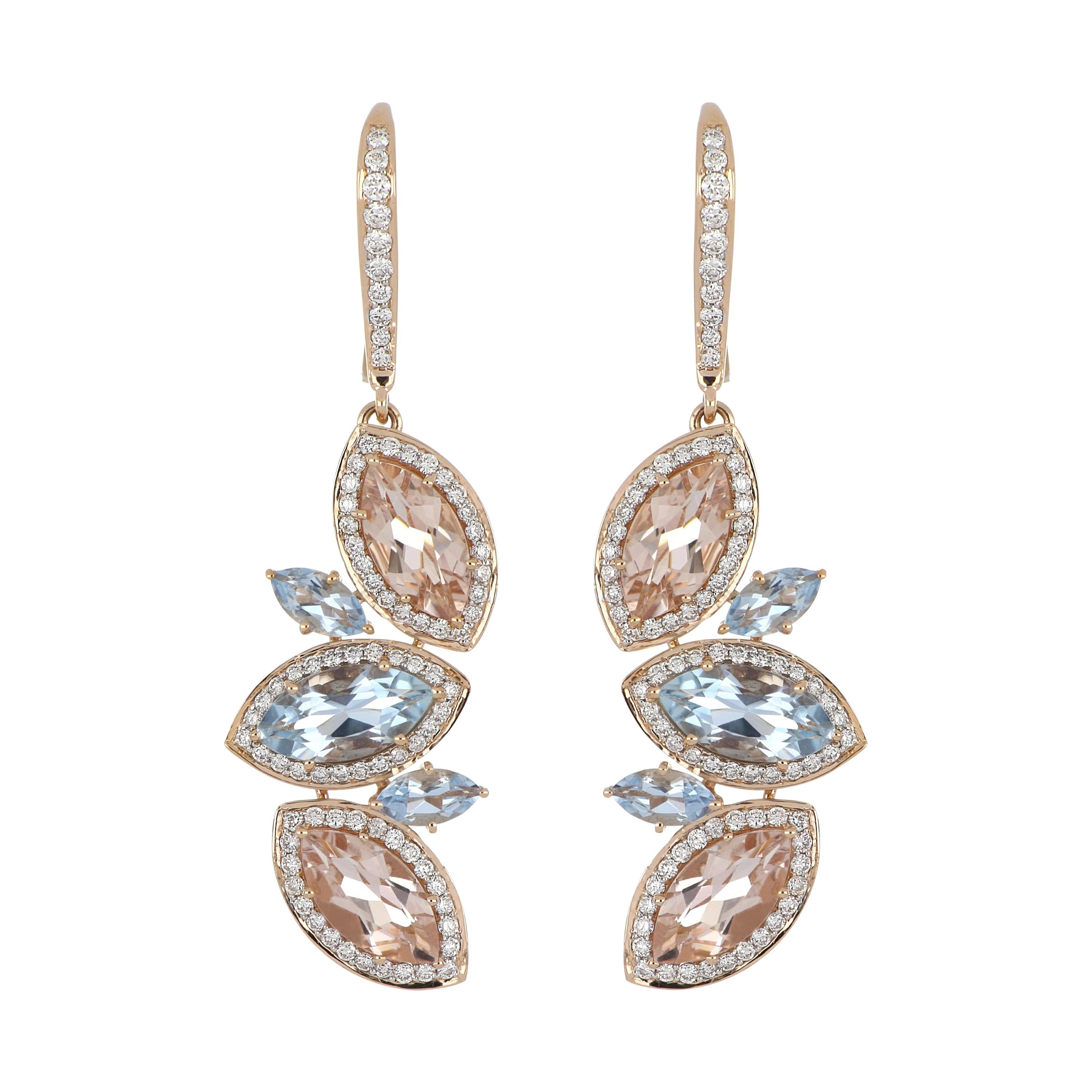 6.24 Carat Total Morganite and Aquamarine Earring with Diamonds in 18 Karat Gold