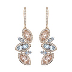 Boucles d'oreilles en or 18 carats avec aigue-marine et morganite de 6,24 carats au total et diamants