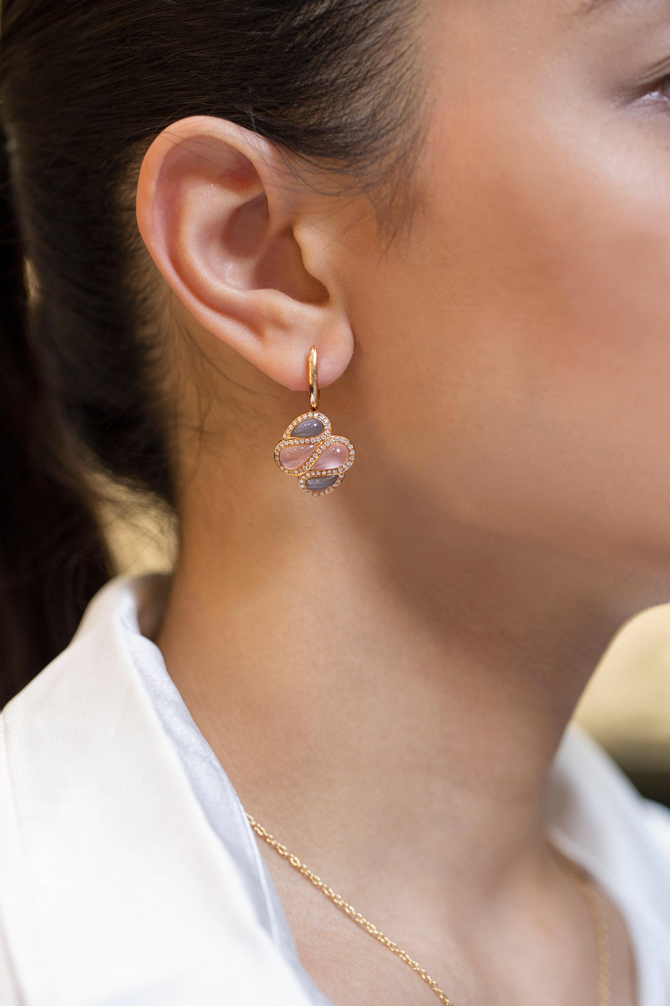 6,72 Karat Birnenförmiger grauer Mondstein und Rosenquarz Mode-Ohrringe (Zeitgenössisch) im Angebot