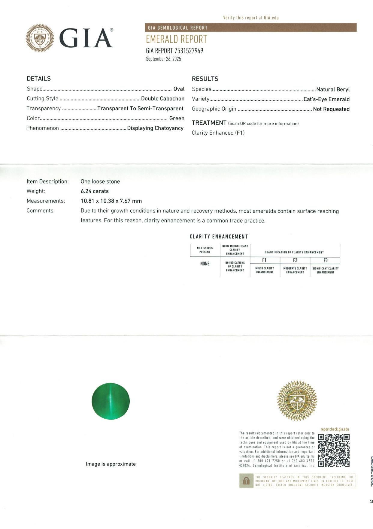 6,24 Karat GIA-Zertifikat Natürlicher Smaragd Cat'Eye Edelstein im Angebot 3