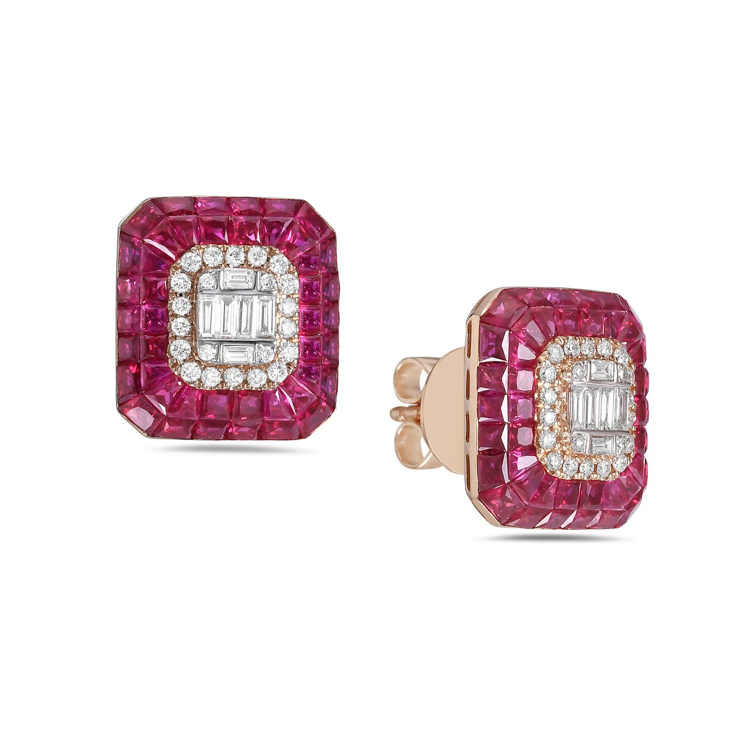 Art Deco 6.24 ct Ruby & Diamonds Studs Made In 18k Gold For Sale