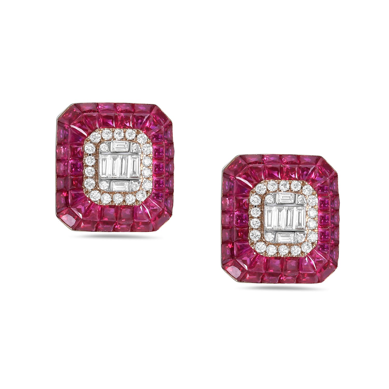 Mixed Cut 6.24 ct Ruby & Diamonds Studs Made In 18k Gold For Sale