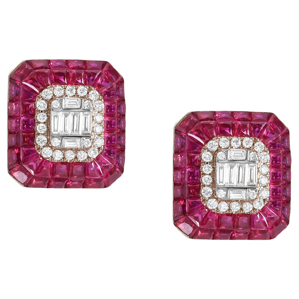 6.24 ct Ruby & Diamonds Studs Made In 18k Gold