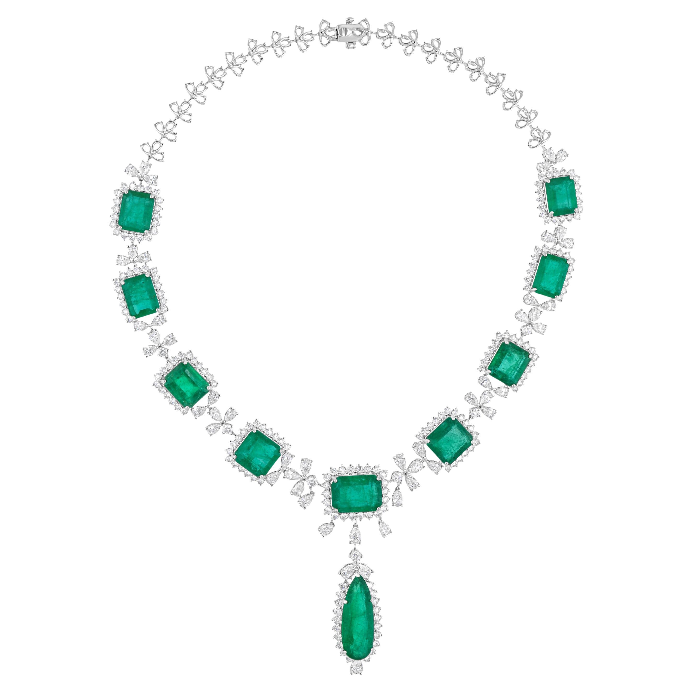 62.42 Carat Zambian Emerald 17.93 Carat Diamond 14 Karat White Gold Necklace