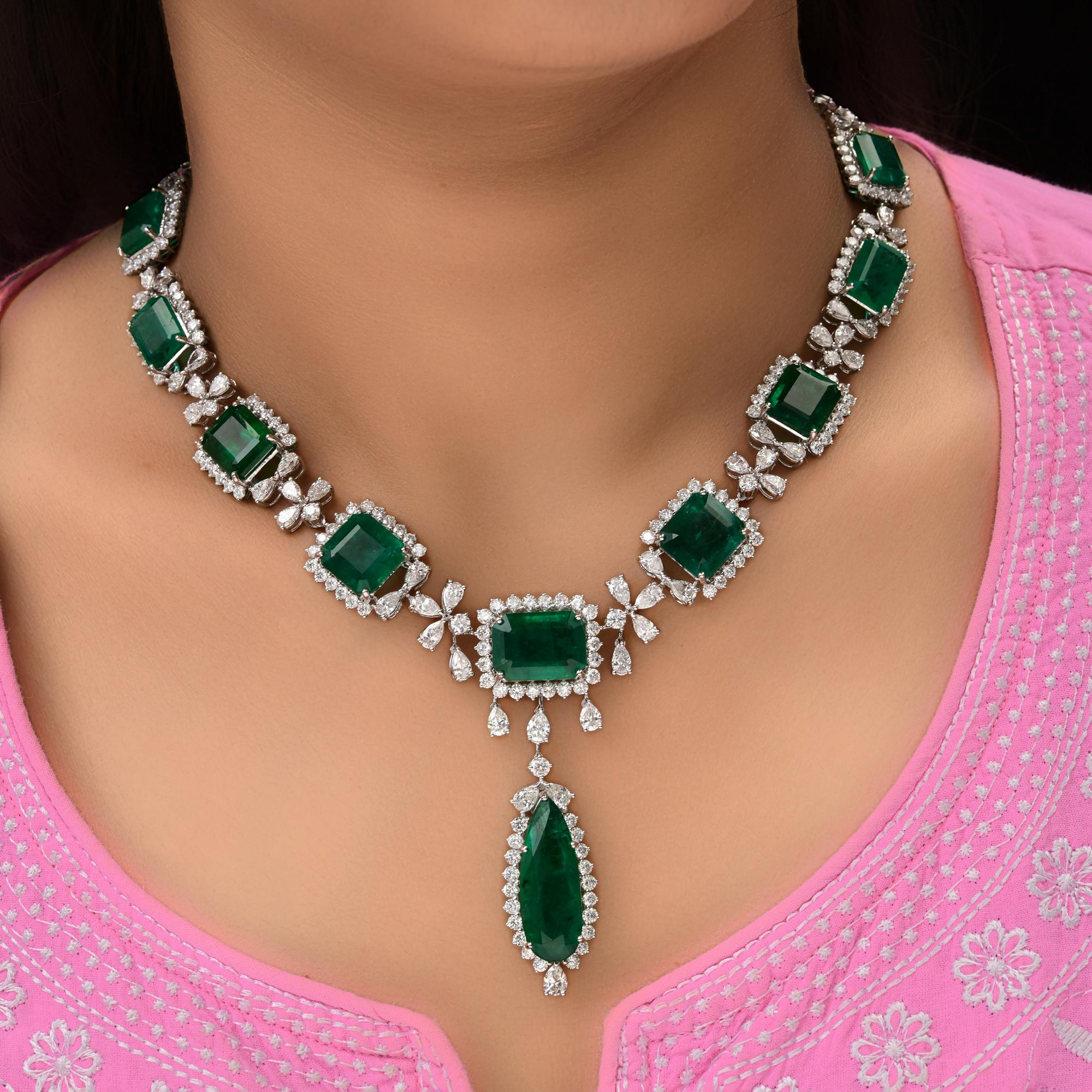 Emerald Cut 62.42 Carat Zambian Emerald 17.93 Carat Diamond 18 Karat White Gold Necklace For Sale