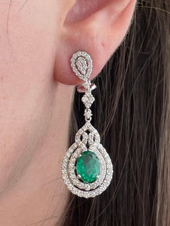 6.24ctt Oval Emeralds with Diamonds Drop Earrings 18k White Gold