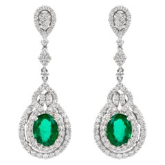 6.24ctt Oval Emeralds with Diamonds Drop Earrings 18k White Gold