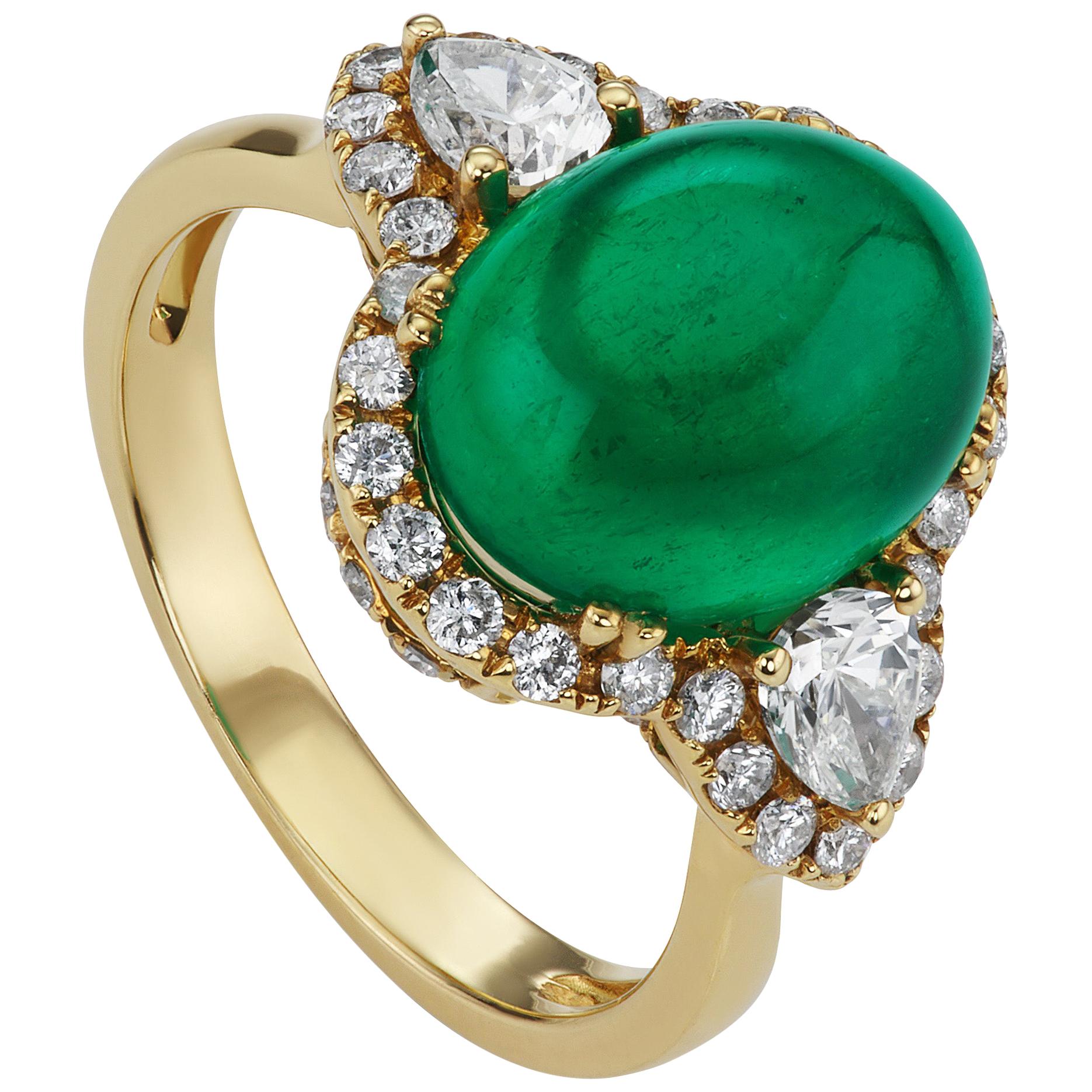 6.25 Carat African Cabochon Emerald and Diamond Cocktail Ring For Sale