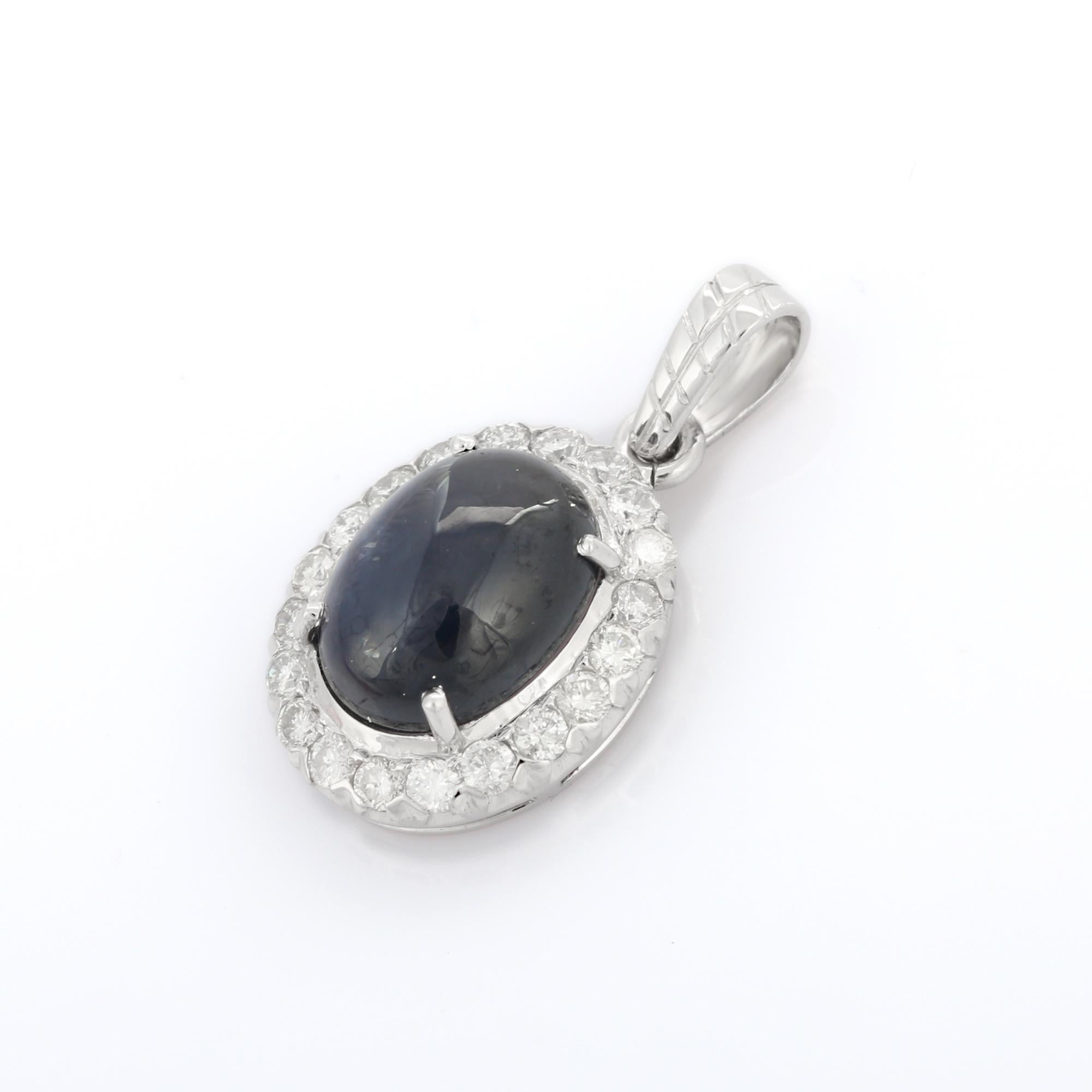 Art Deco 6.25 Carat Blue Sapphire and Diamond Oval Shape Pendant in 18K Solid White Gold For Sale