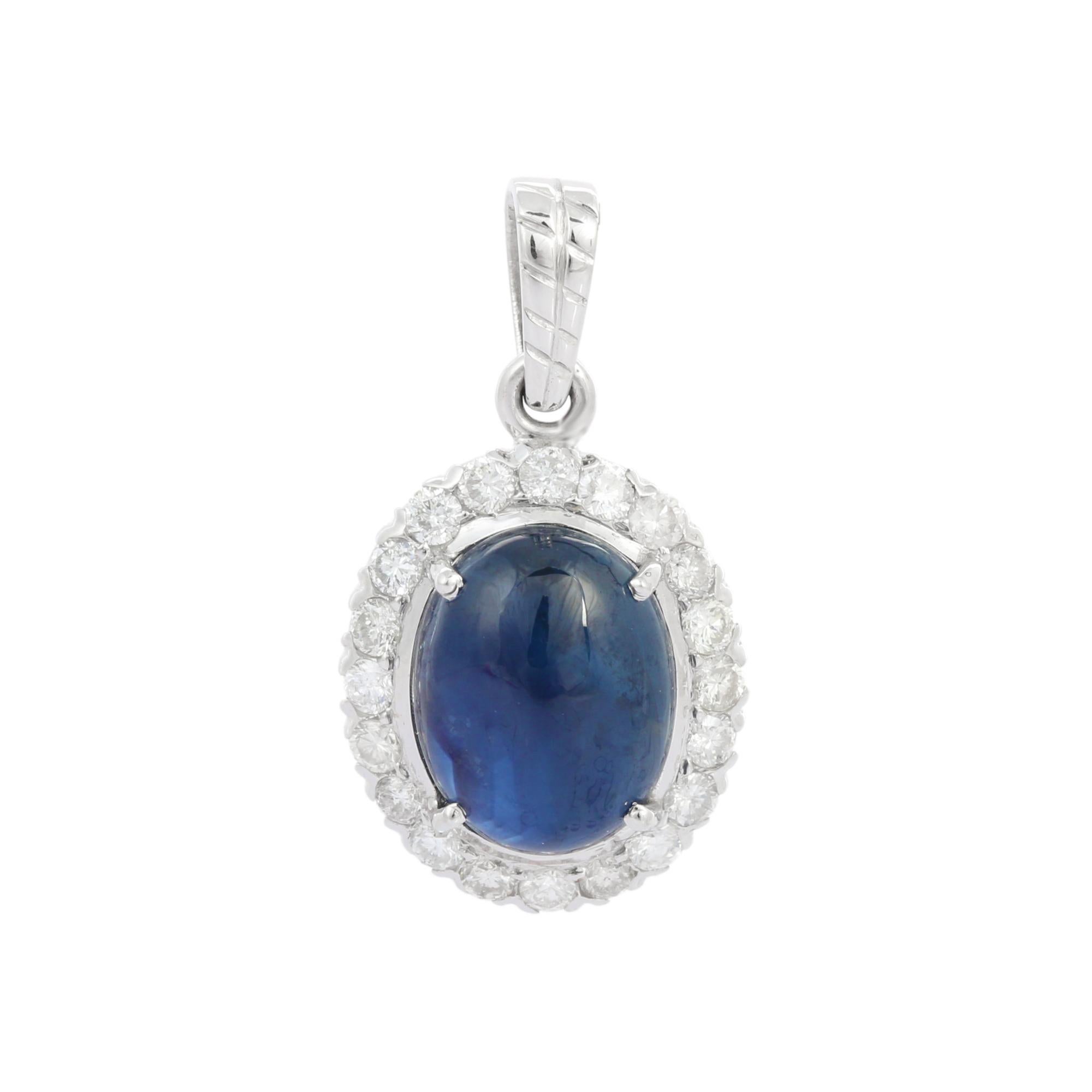 6.25 Carat Blue Sapphire and Diamond Oval Shape Pendant in 18K Solid White Gold In New Condition For Sale In Houston, TX