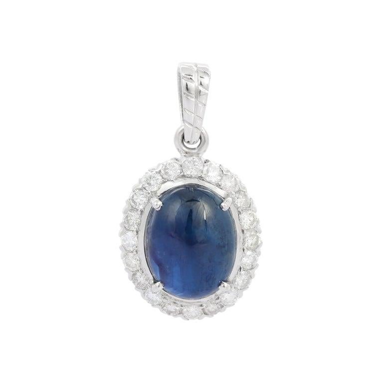 Ovaler Anhänger aus 18 Karat massivem Weißgold mit 6,25 Karat blauem Saphir und Diamant im Angebot 1