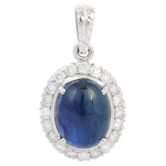 6.25 Carat Blue Sapphire and Diamond Oval Shape Pendant in 18K Solid White Gold