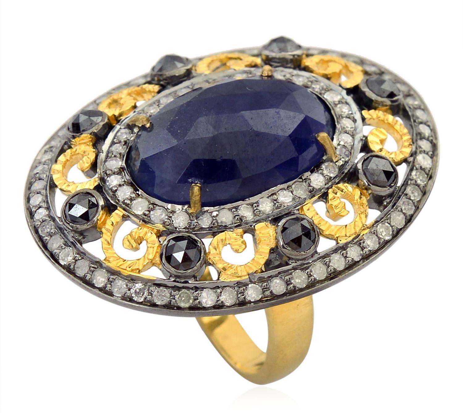 Contemporary 6.25 Carat Blue Sapphire Diamond Filigree Cocktail Ring For Sale