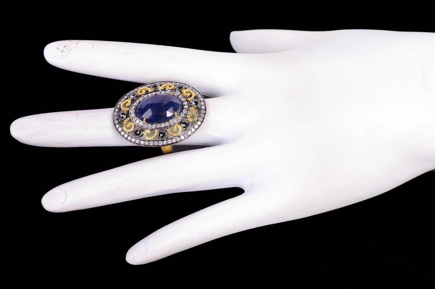 Rose Cut 6.25 Carat Blue Sapphire Diamond Filigree Cocktail Ring For Sale