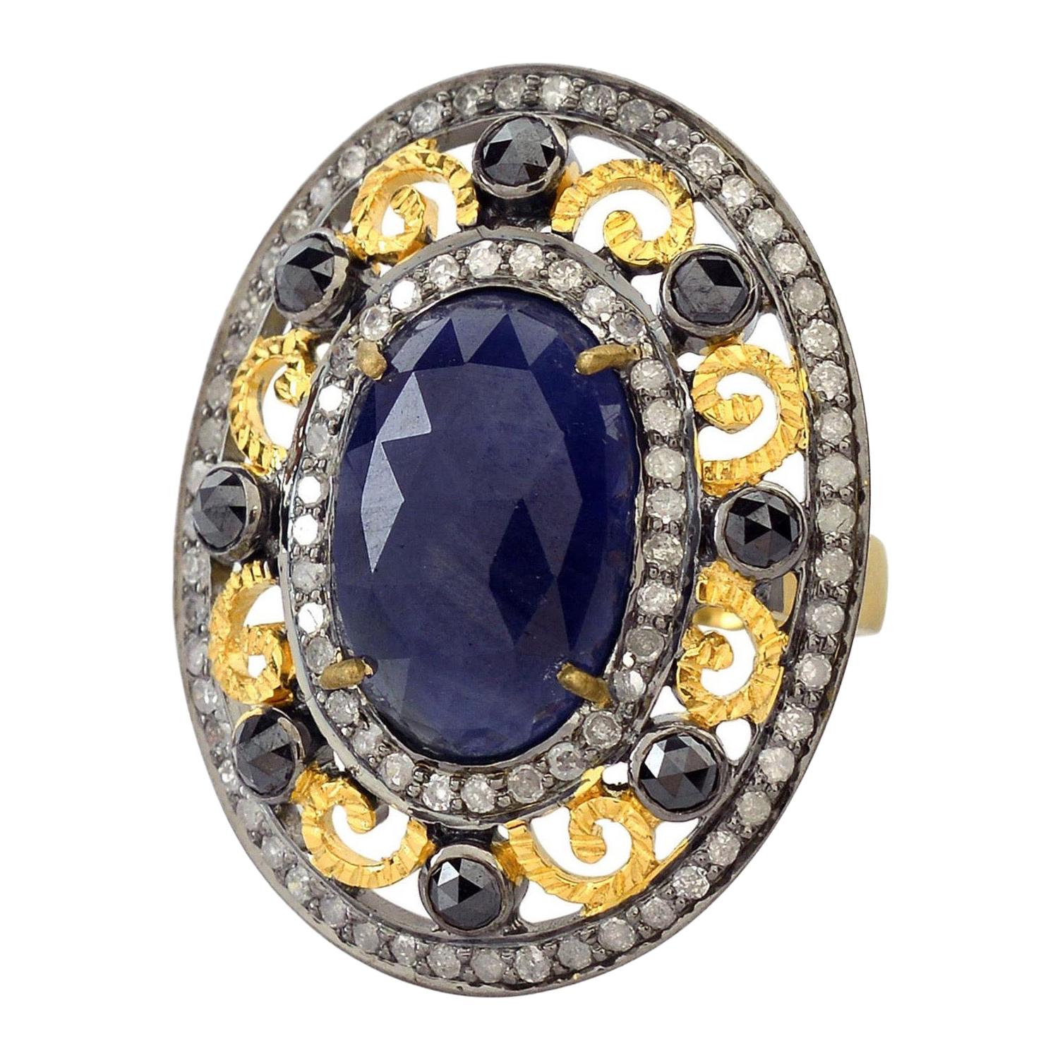 6.25 Carat Blue Sapphire Diamond Filigree Cocktail Ring For Sale