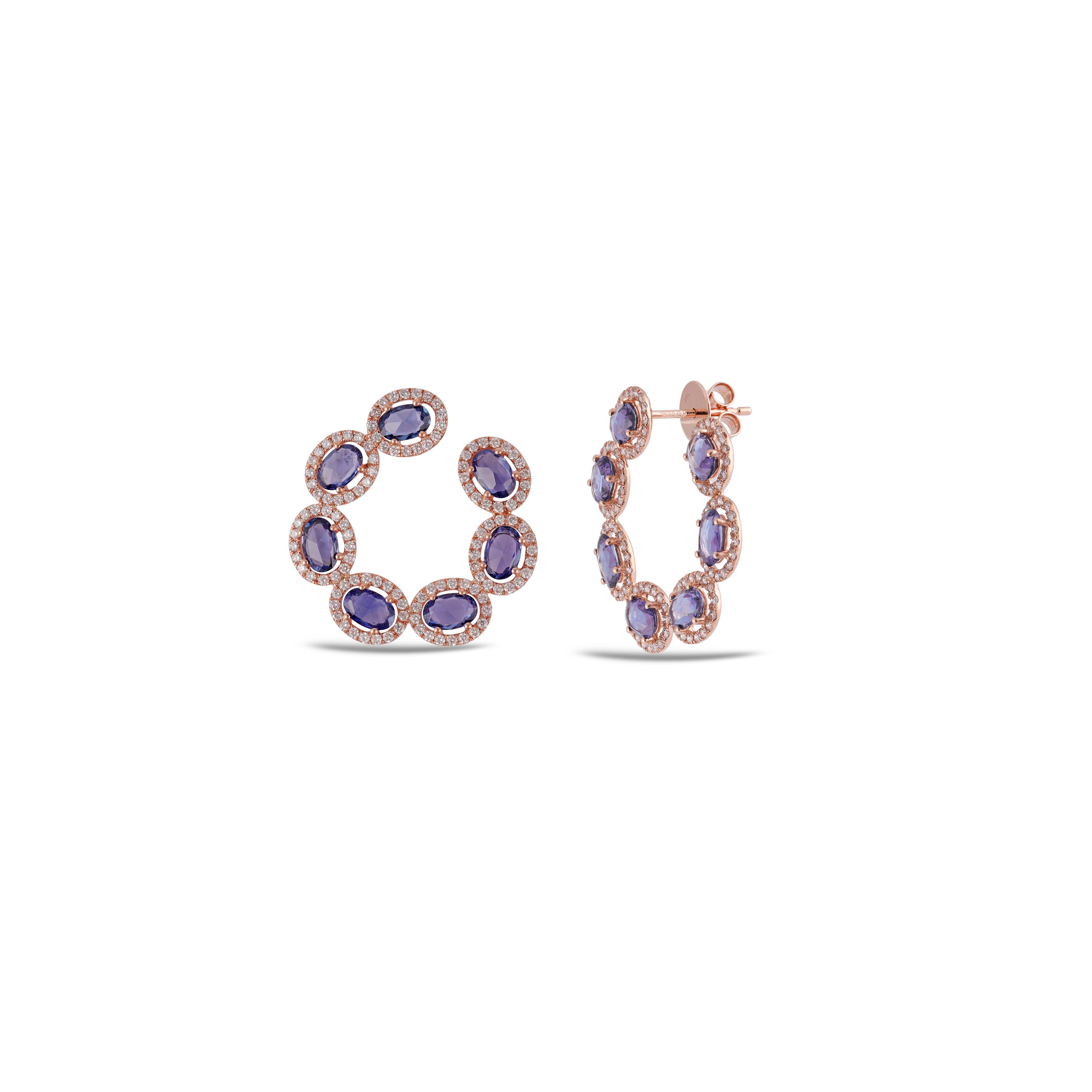 Contemporary 6.25 Carat  Blue Sapphire Earrings in Rose Gold with Diamonds.  For Sale