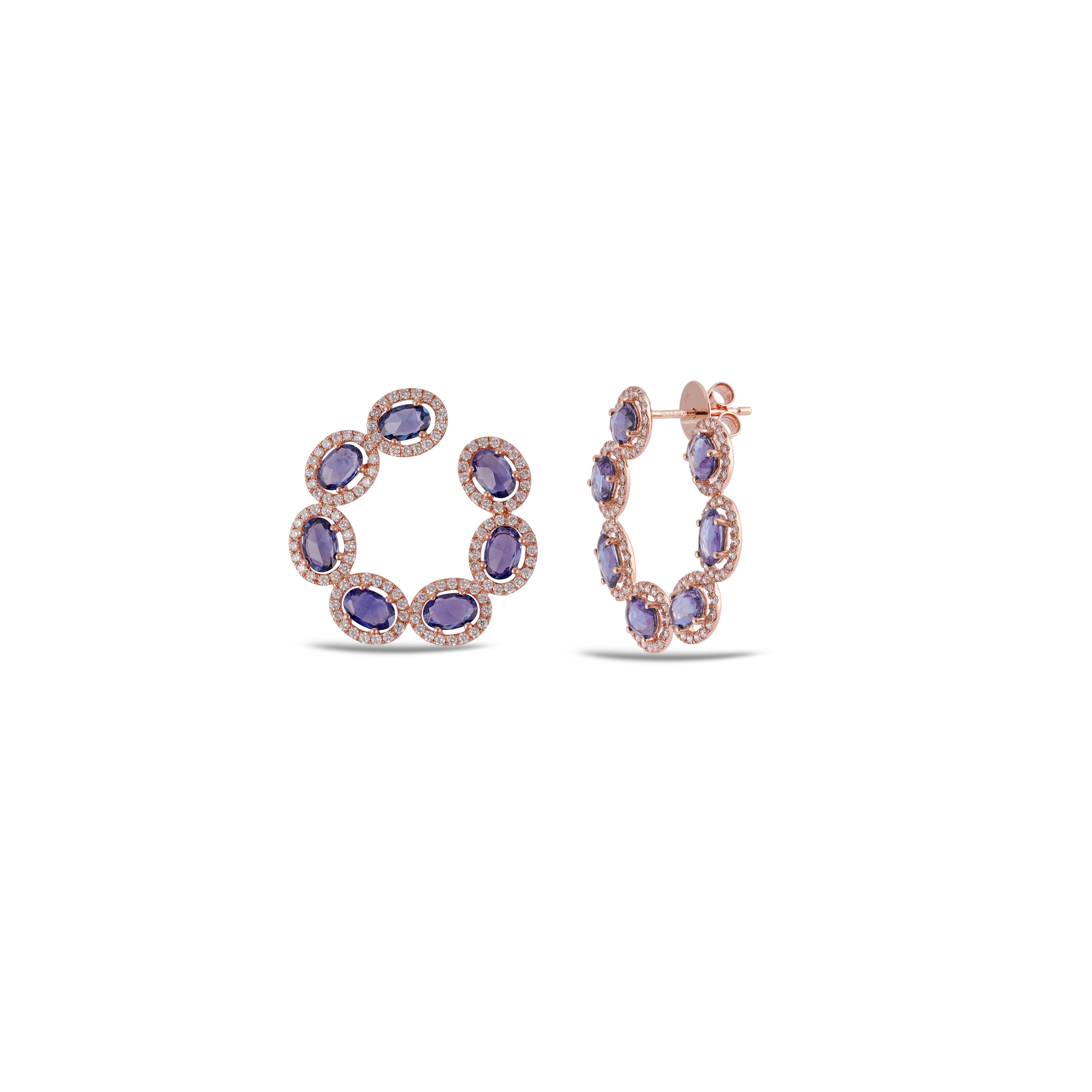 Contemporary 6.25 Carat  Blue Sapphire Earrings in Rose Gold with Diamonds. For Sale