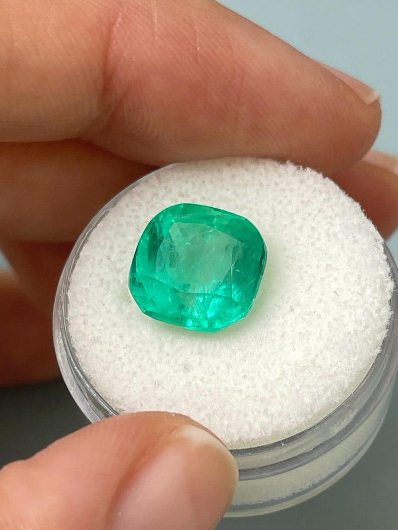 Women's 6.25 Carat Bluish Green Colombian Emerald - Muzo Cushion Cut May Birthstone Gem For Sale
