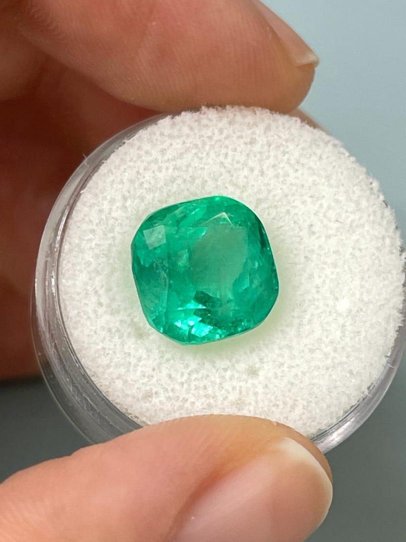 Modern 6.25 Carat Bluish Green Colombian Emerald - Muzo Cushion Cut May Birthstone Gem For Sale