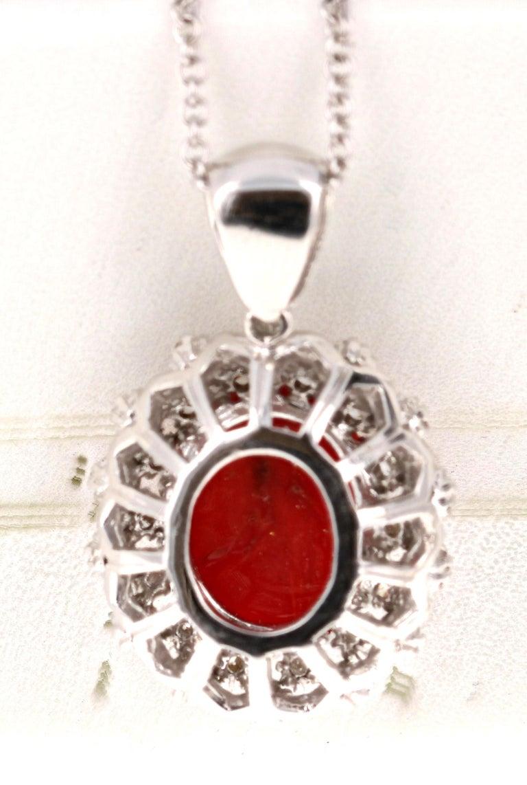 Contemporary 6.25 Carat Coral and Diamond 14 Karat White Gold Chain Necklace For Sale