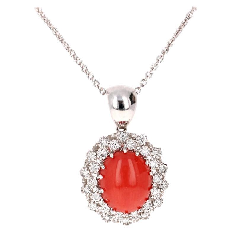 6.25 Carat Coral and Diamond 14 Karat White Gold Chain Necklace For Sale