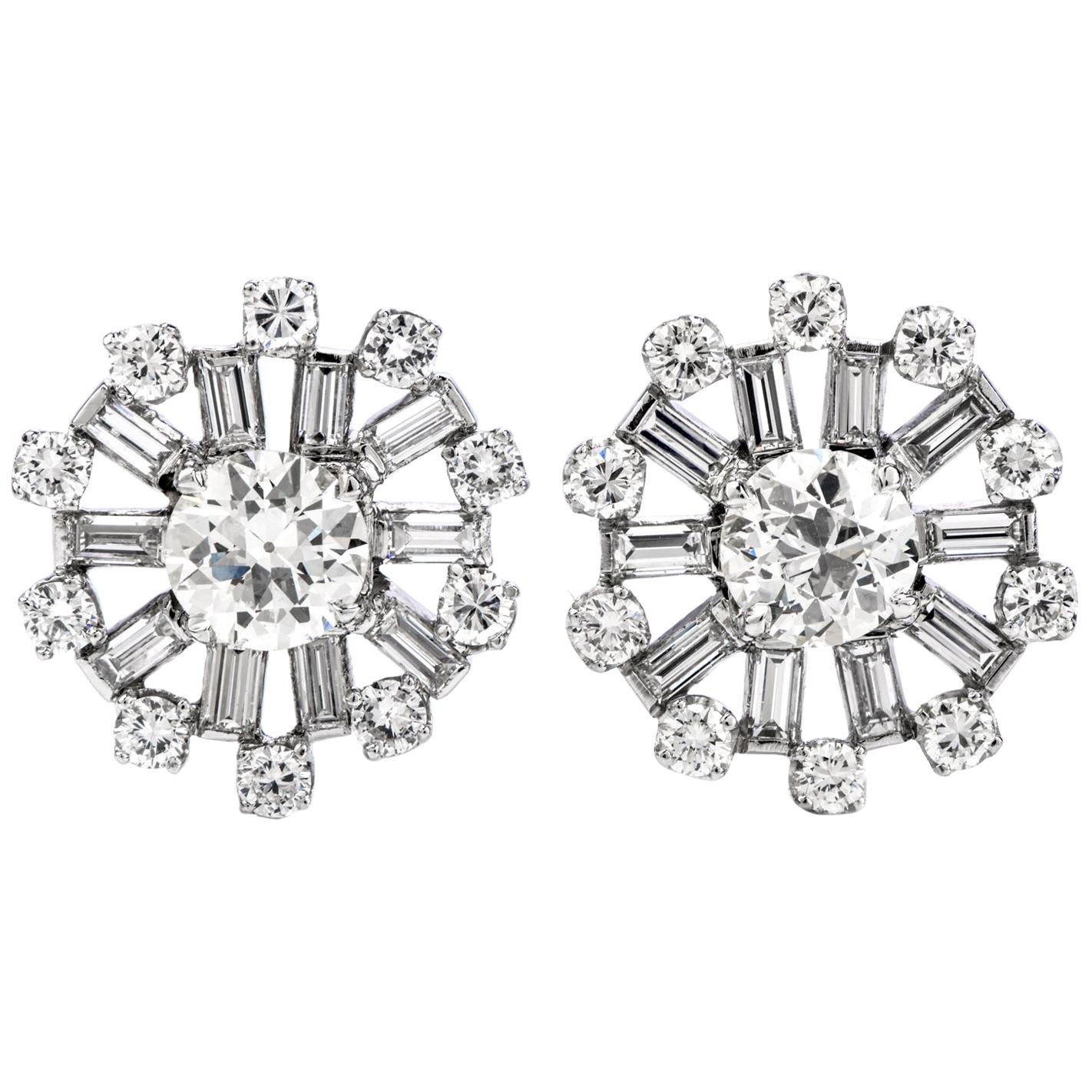 6.25 Carat European Cut Diamond Cluster Platinum Round Stud Earrings