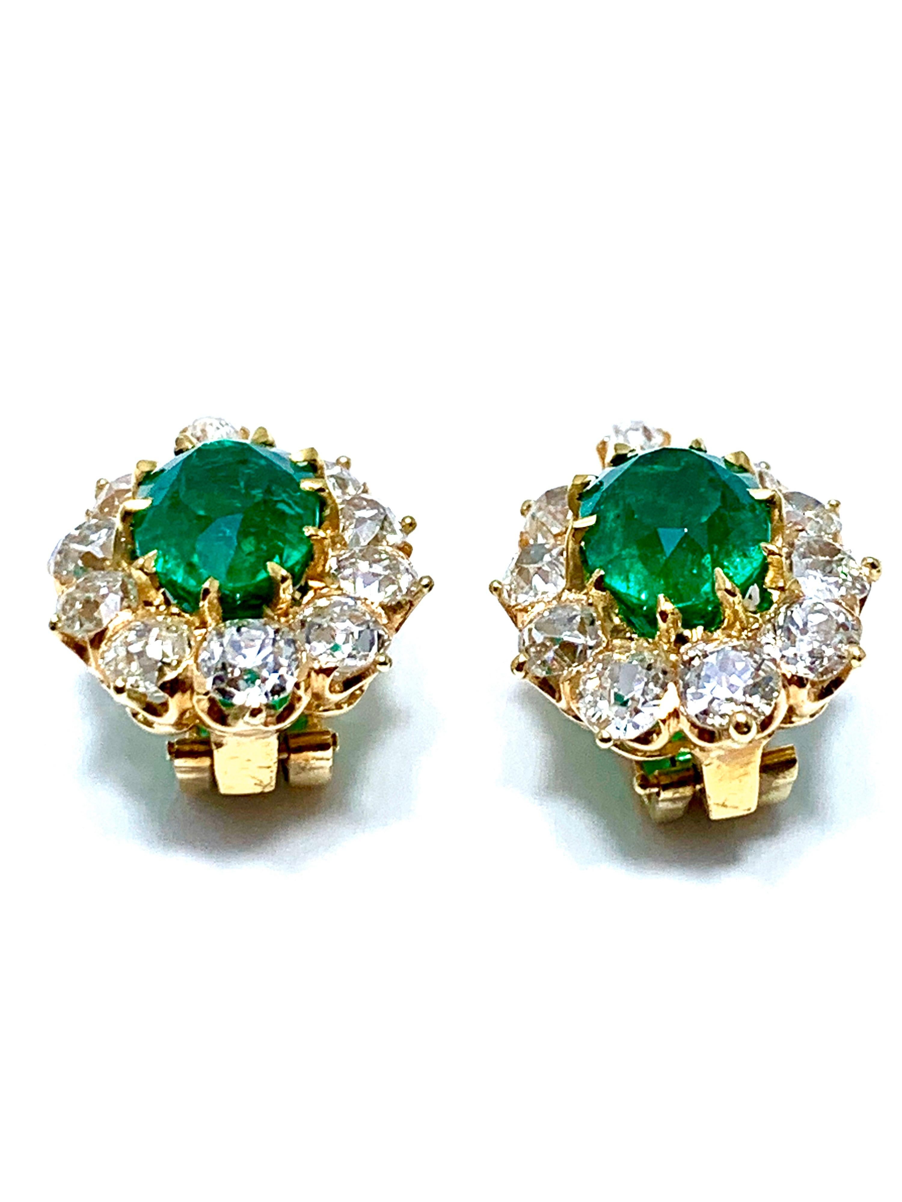 Women's or Men's 6.25 Carat Natural Colombian Oval Emerald and Old European Cut Diamonds Earrings For Sale