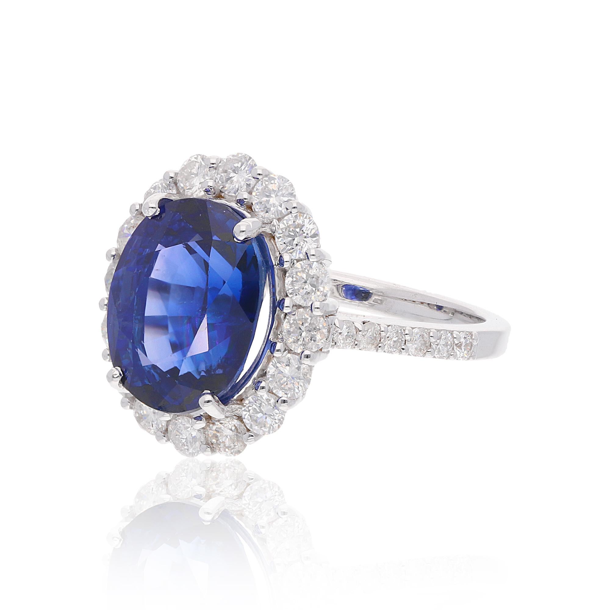 6,25 Karat Ovaler Blauer Saphir Ring 1,05 Karat SI/H Diamant 18 Karat Weißgold (Moderne) im Angebot
