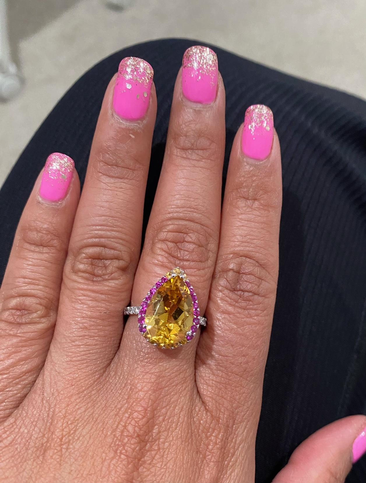6.25 Carat Citrine Pink Sapphire Diamond White Gold Cocktail Ring For Sale 4