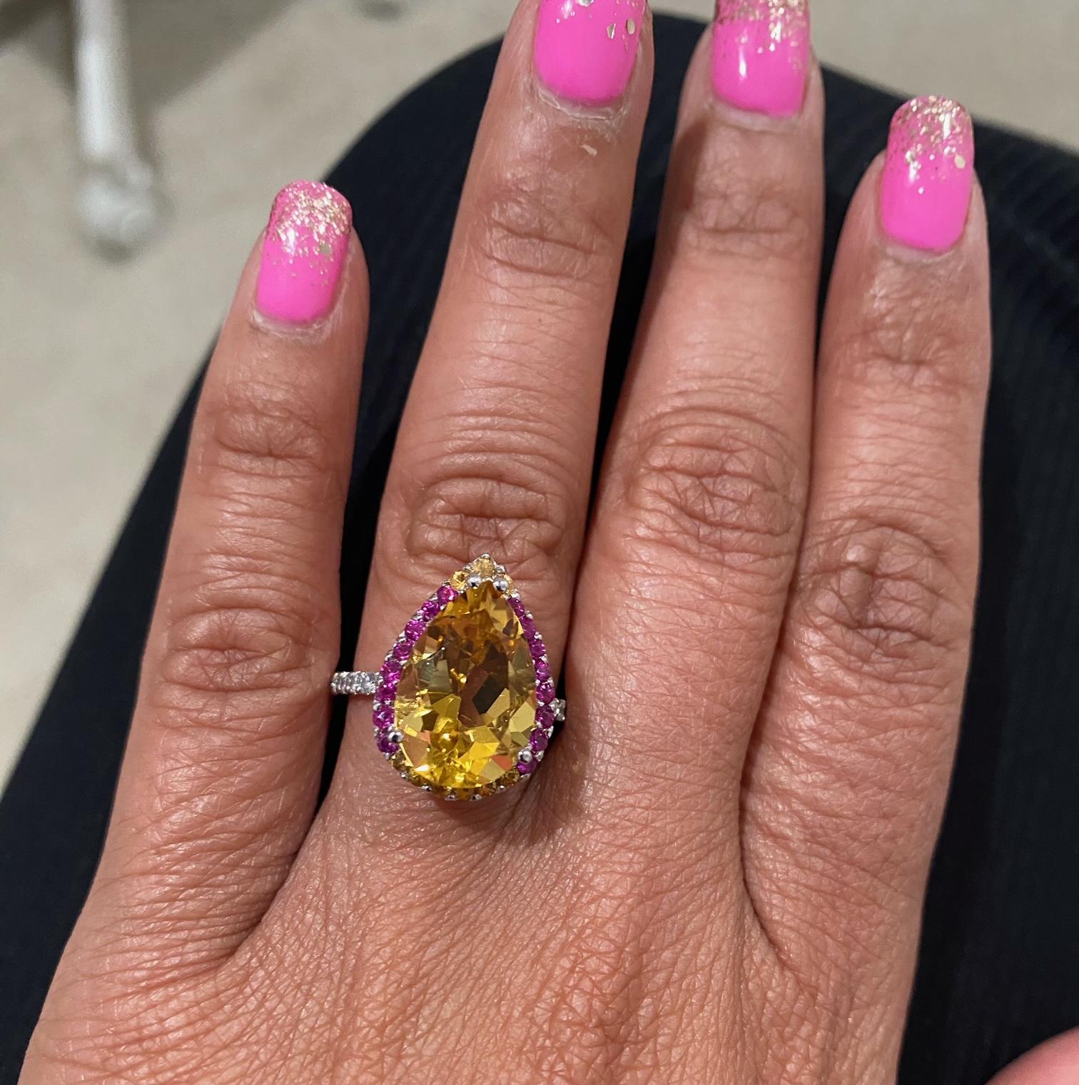 6.25 Carat Citrine Pink Sapphire Diamond White Gold Cocktail Ring For Sale 2