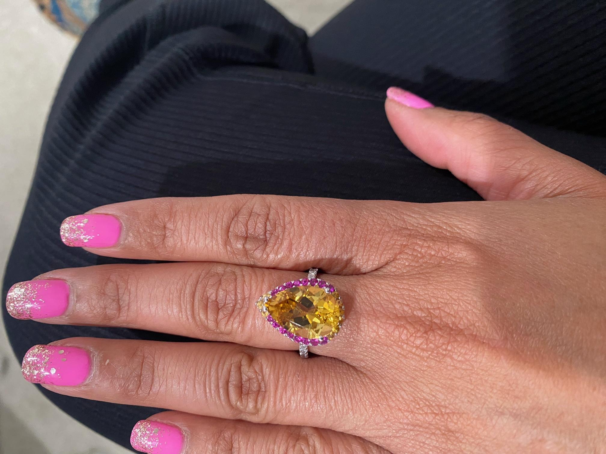 6.25 Carat Citrine Pink Sapphire Diamond White Gold Cocktail Ring For Sale 3