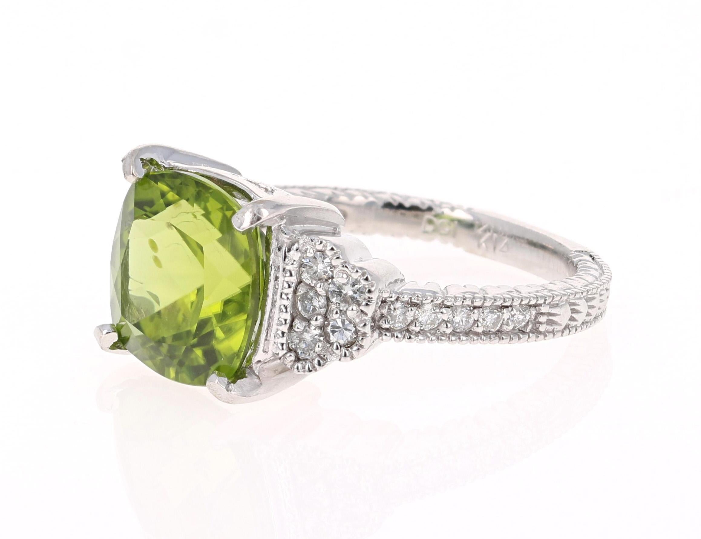 Modern 6.25 Carat Peridot Diamond 14 Karat White Gold Ring