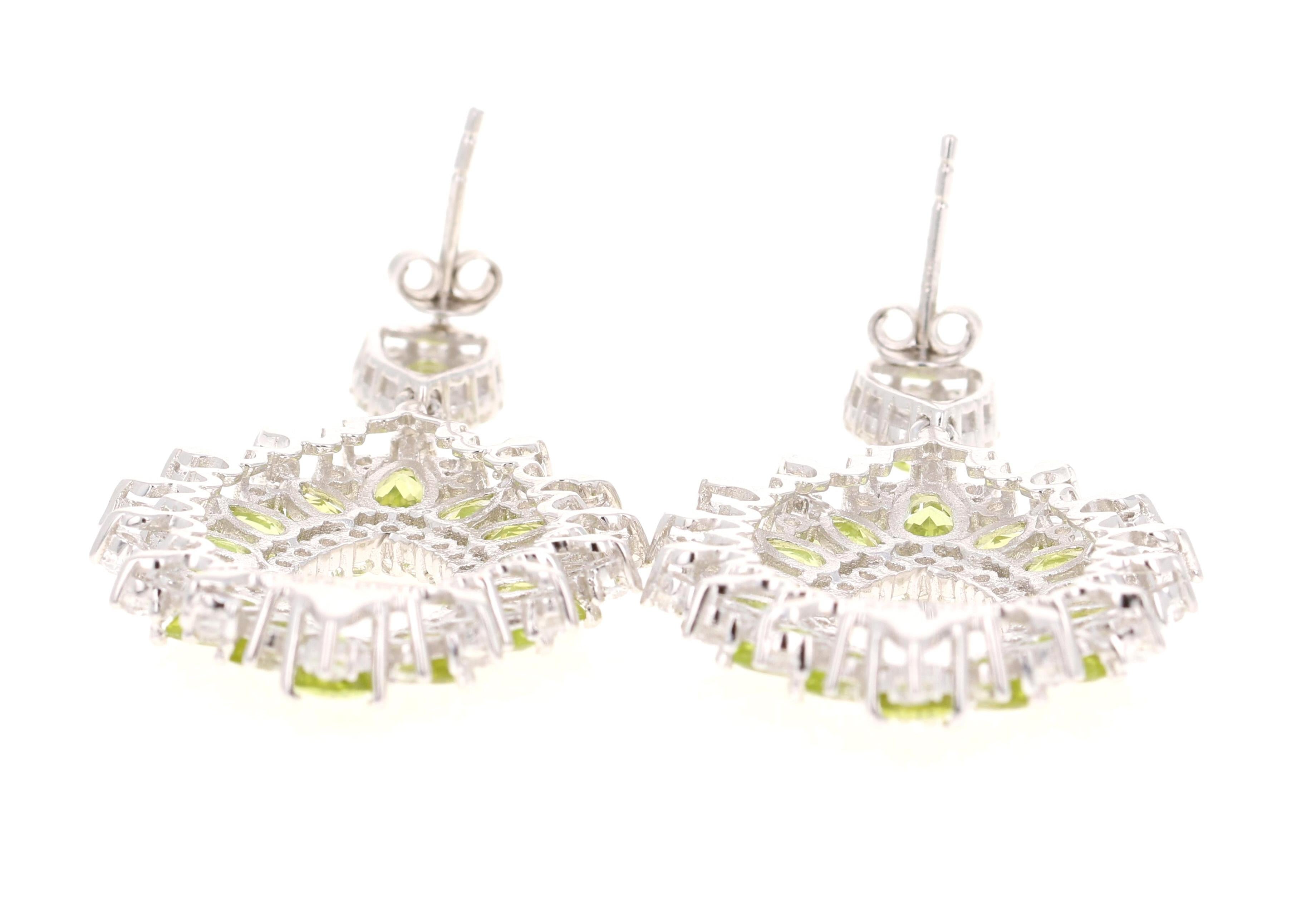 Pear Cut 6.25 Carat Peridot White Topaz Silver Earrings For Sale