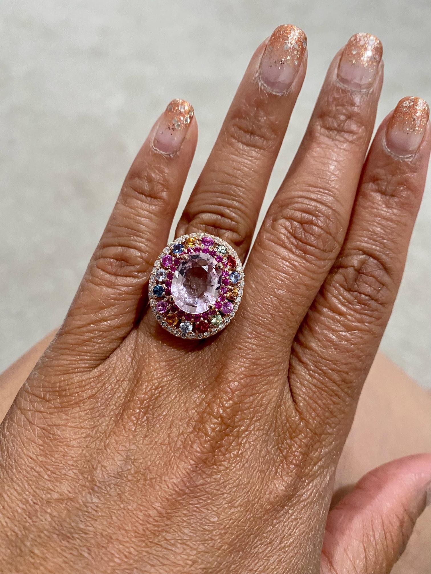 Pink Morganite Diamond Sapphire Rose Gold Cocktail Ring 4
