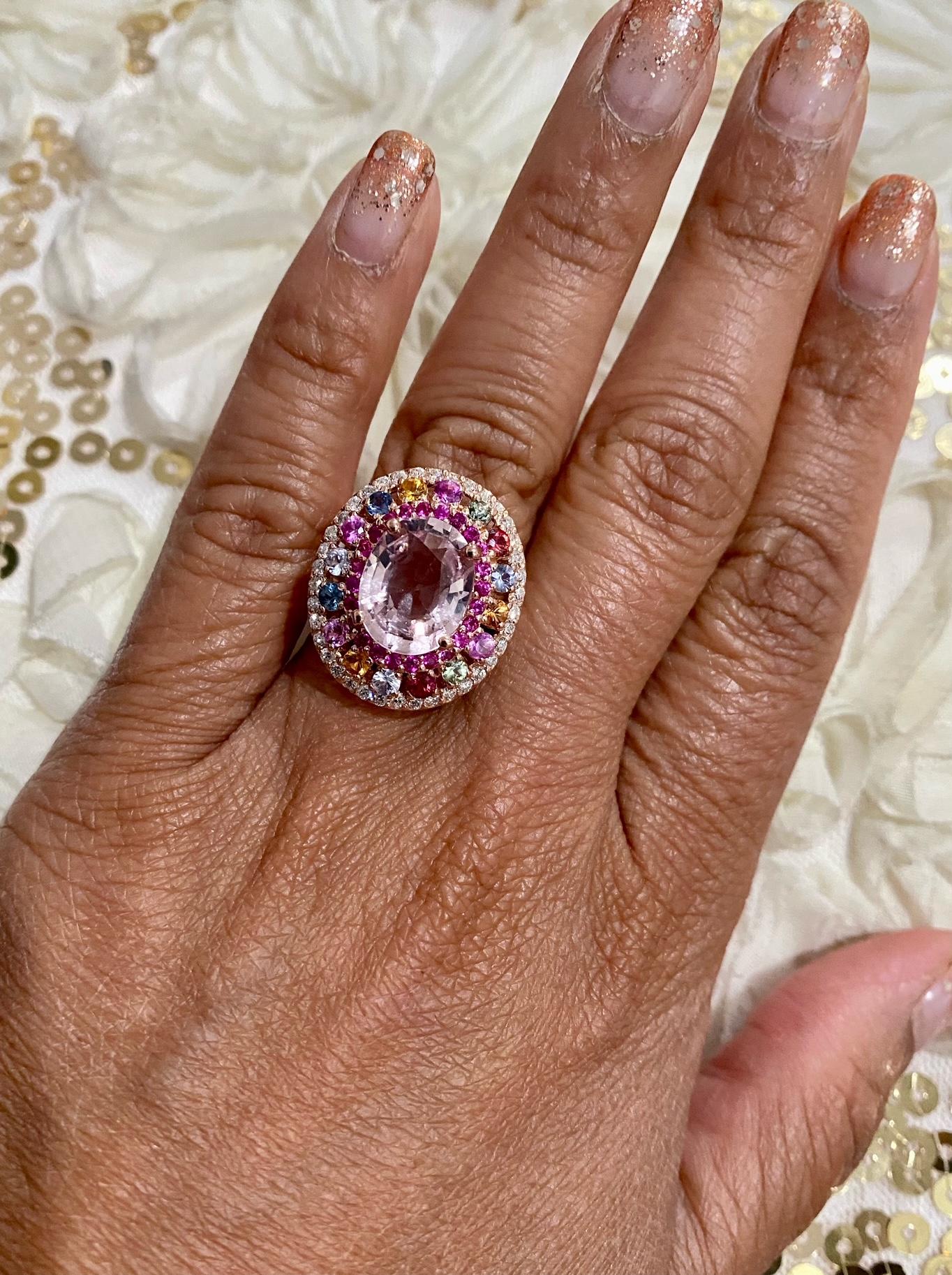Pink Morganite Diamond Sapphire Rose Gold Cocktail Ring 5